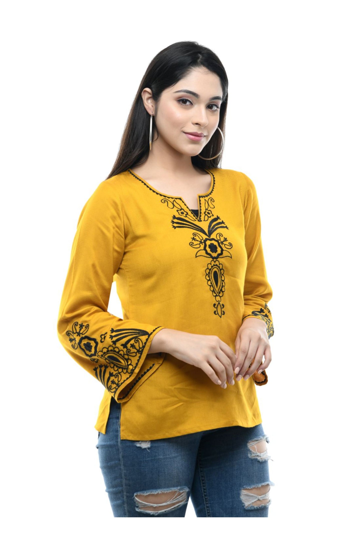 Mustard Floral Embroidered Tunic Top | Vaamii