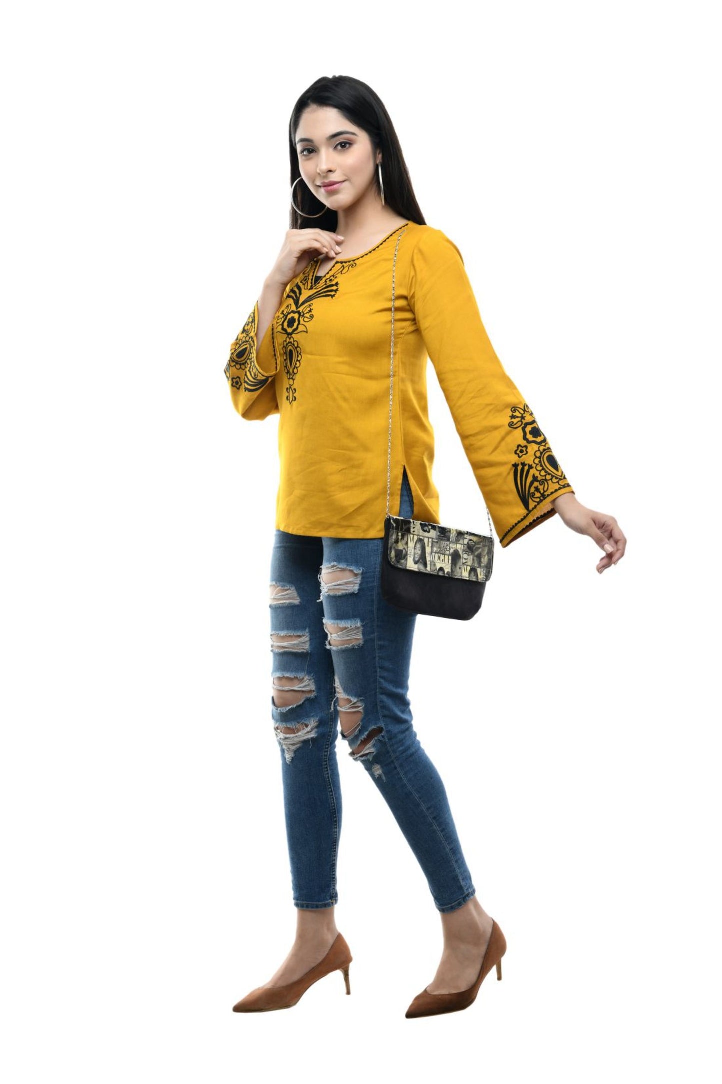 Mustard Floral Embroidered Tunic Top | Vaamii