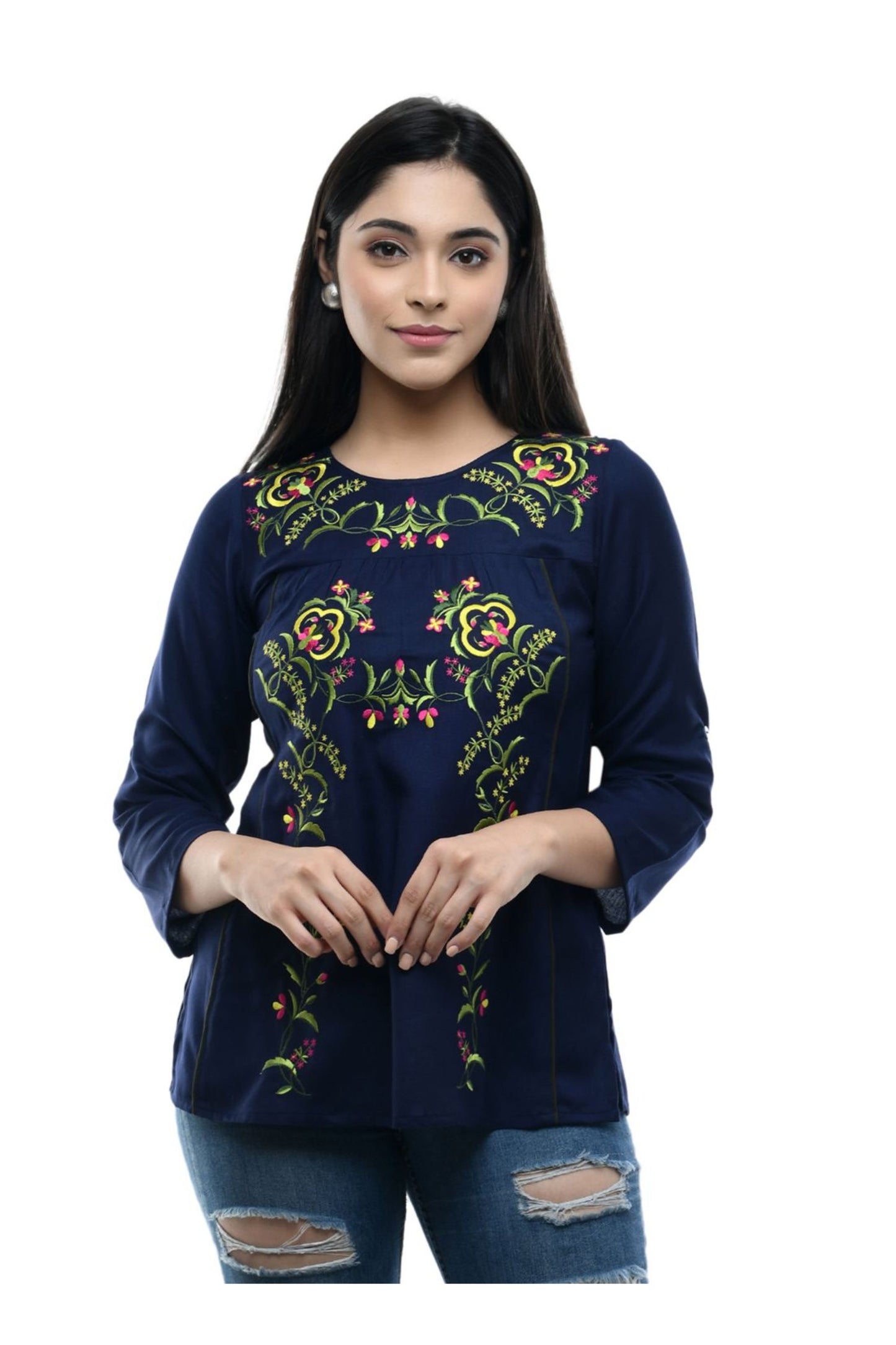Navy Blue Floral Embroidered Top | Vaamii