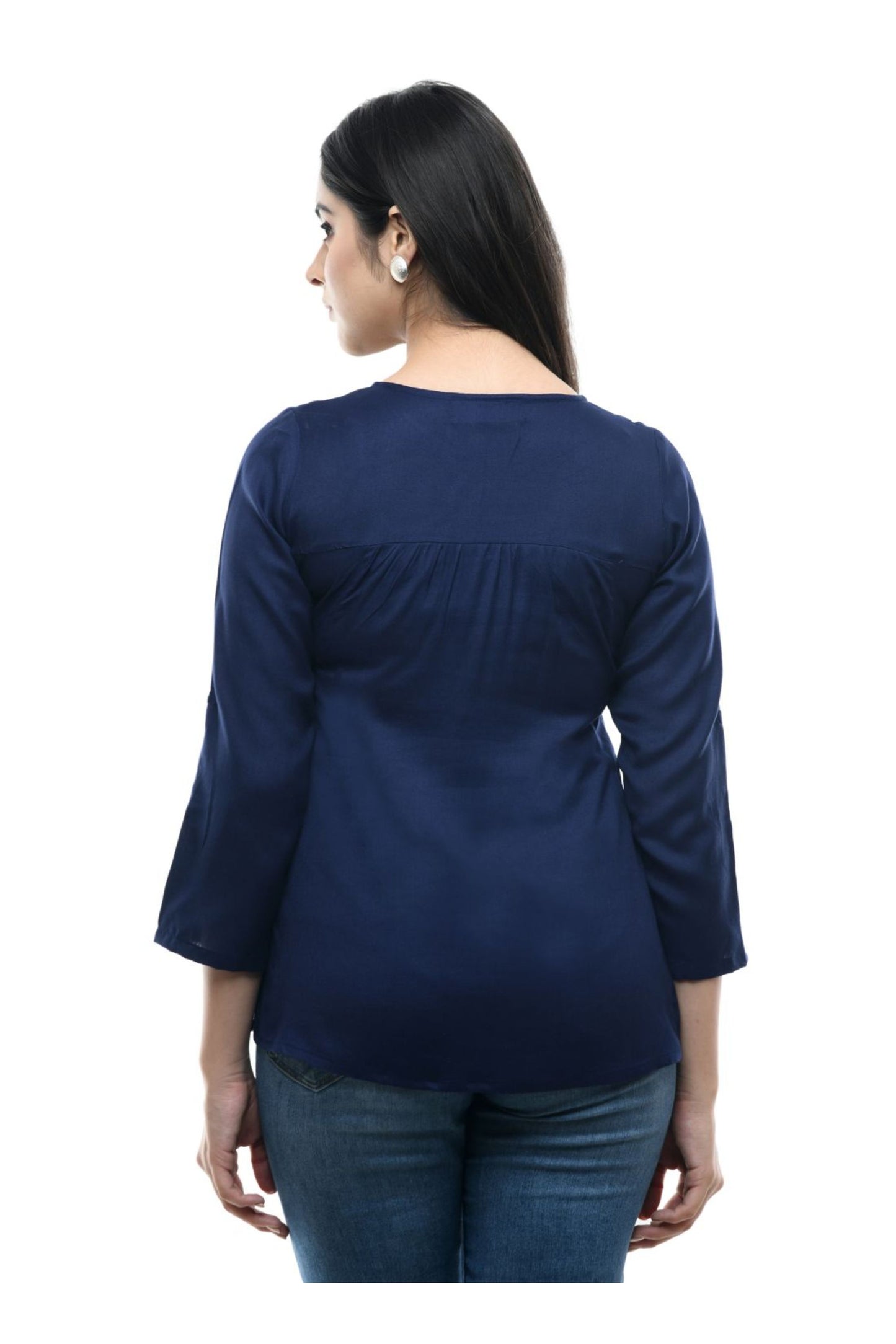 Navy Blue Floral Embroidered Top | Vaamii