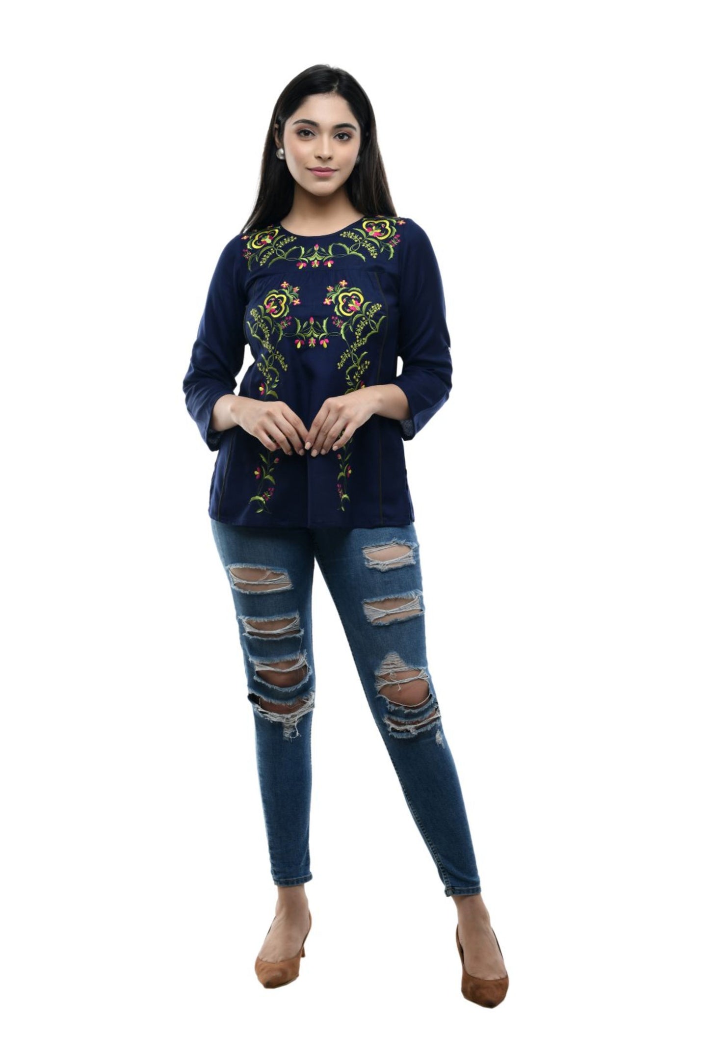 Navy Blue Floral Embroidered Top | Vaamii