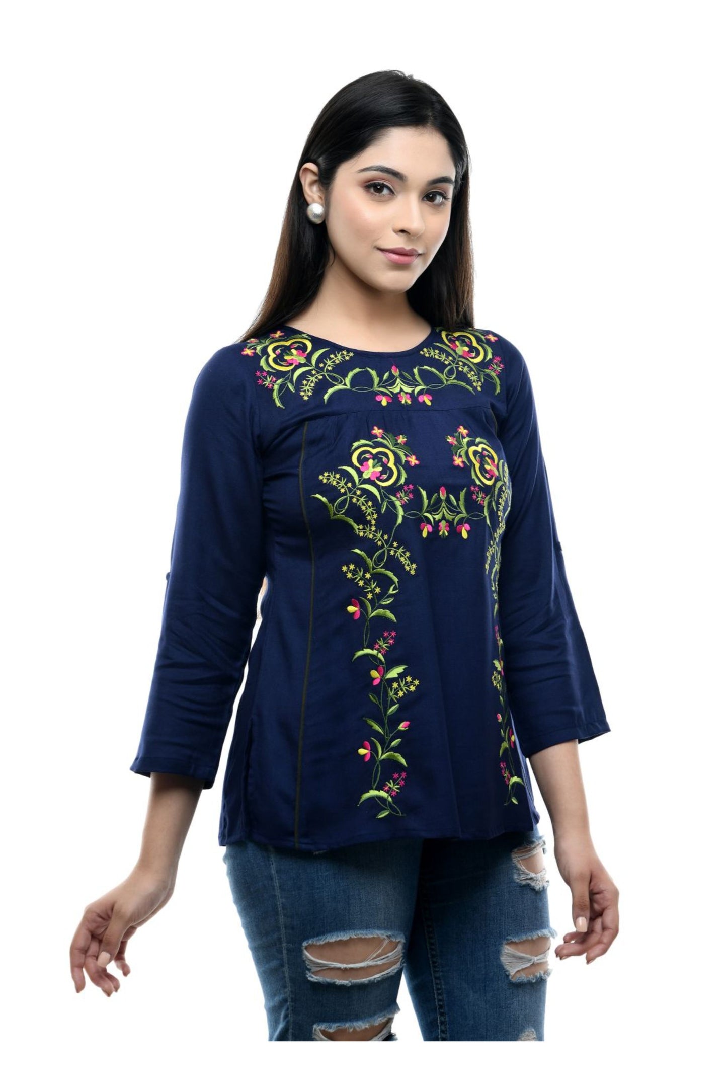 Navy Blue Floral Embroidered Top | Vaamii