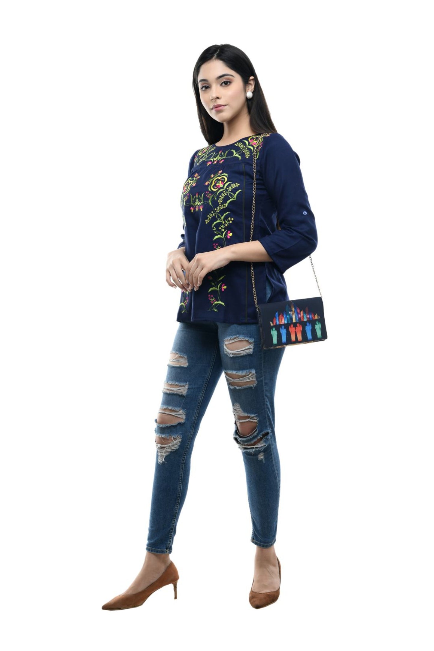 Navy Blue Floral Embroidered Top | Vaamii