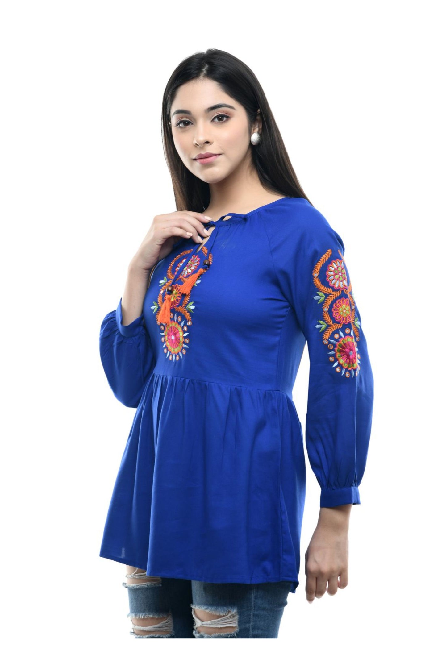 Royal Blue Floral Embroidered Peplum Top | Vaamii