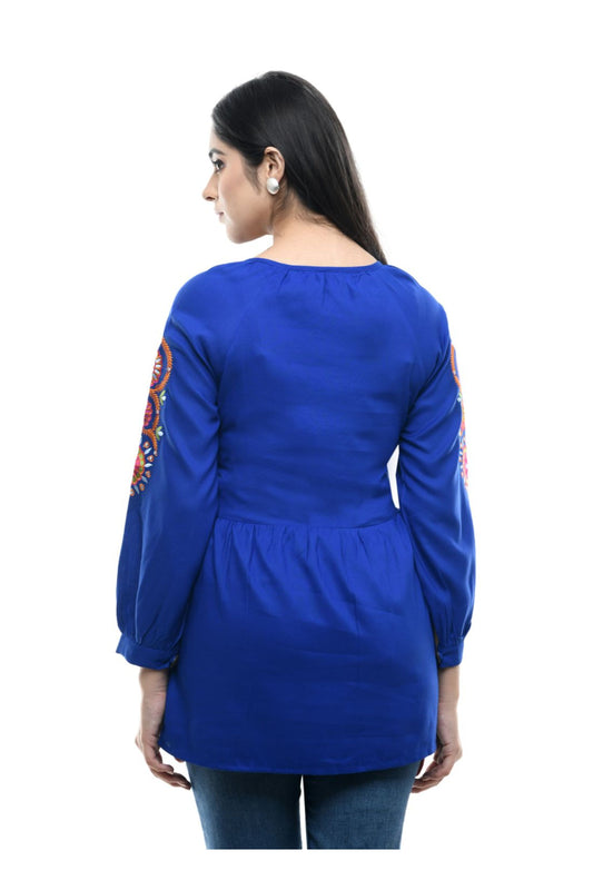 Royal Blue Floral Embroidered Peplum Top | Vaamii