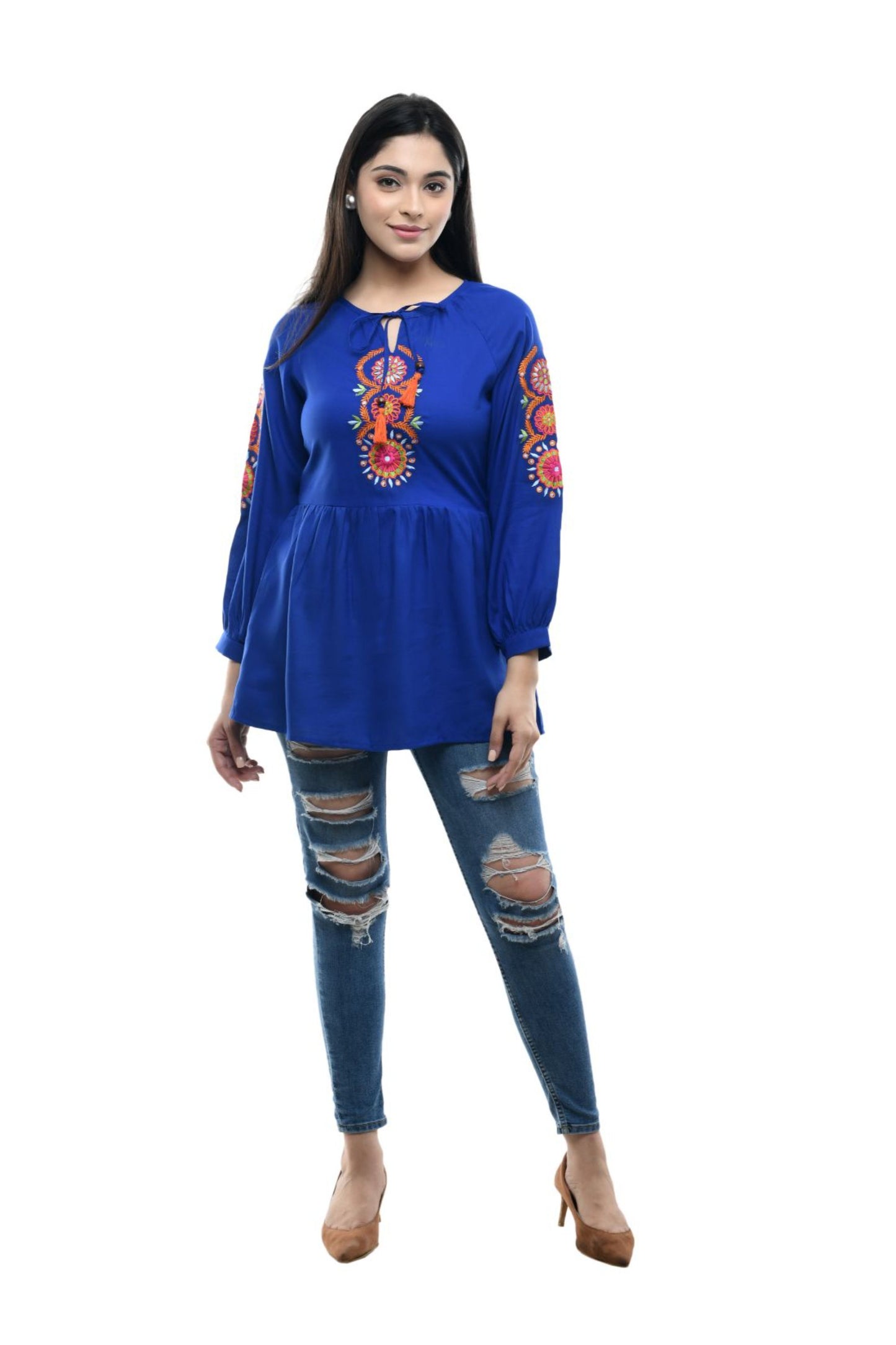 Royal Blue Floral Embroidered Peplum Top | Vaamii