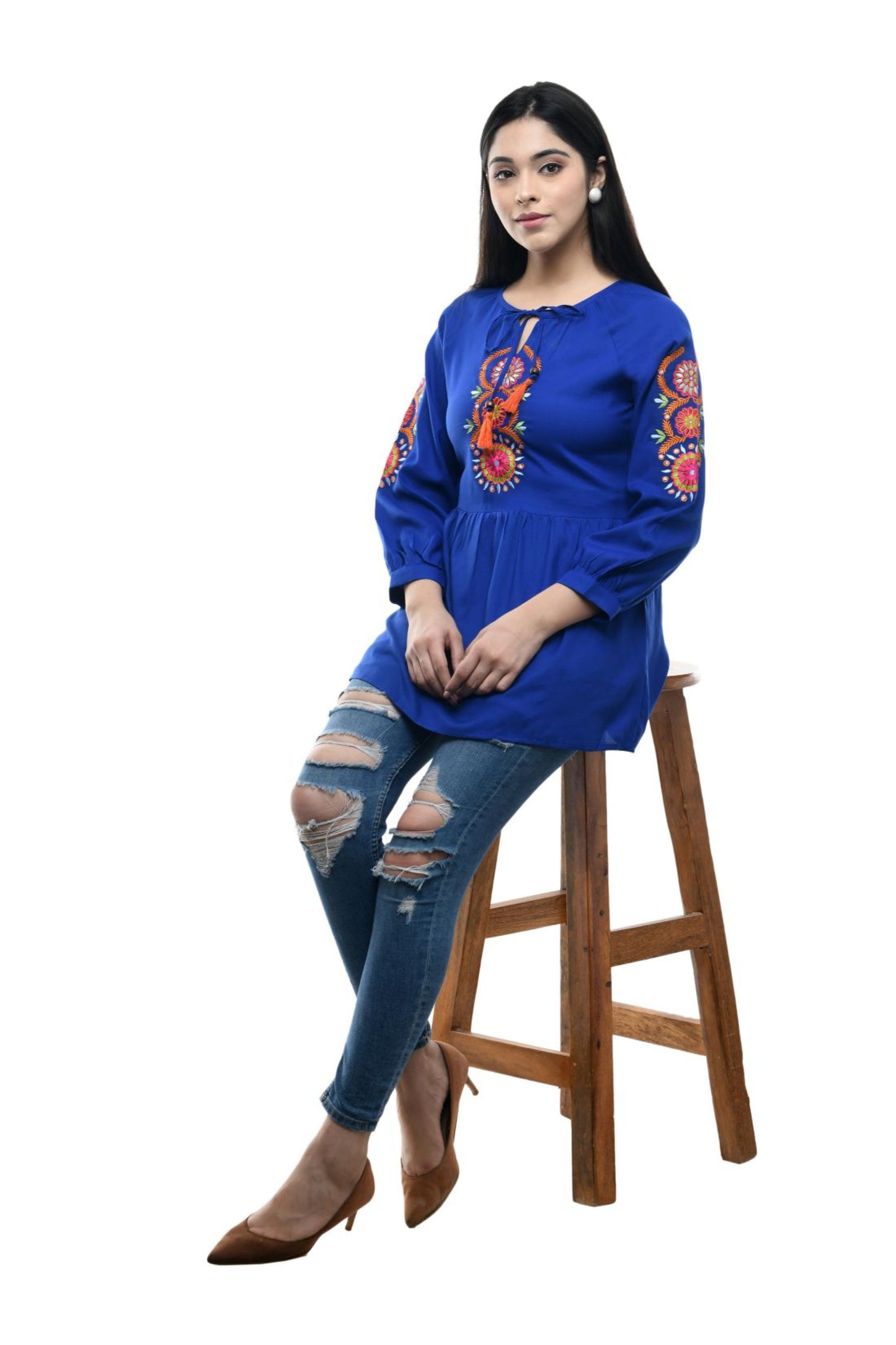 Royal Blue Floral Embroidered Peplum Top | Vaamii
