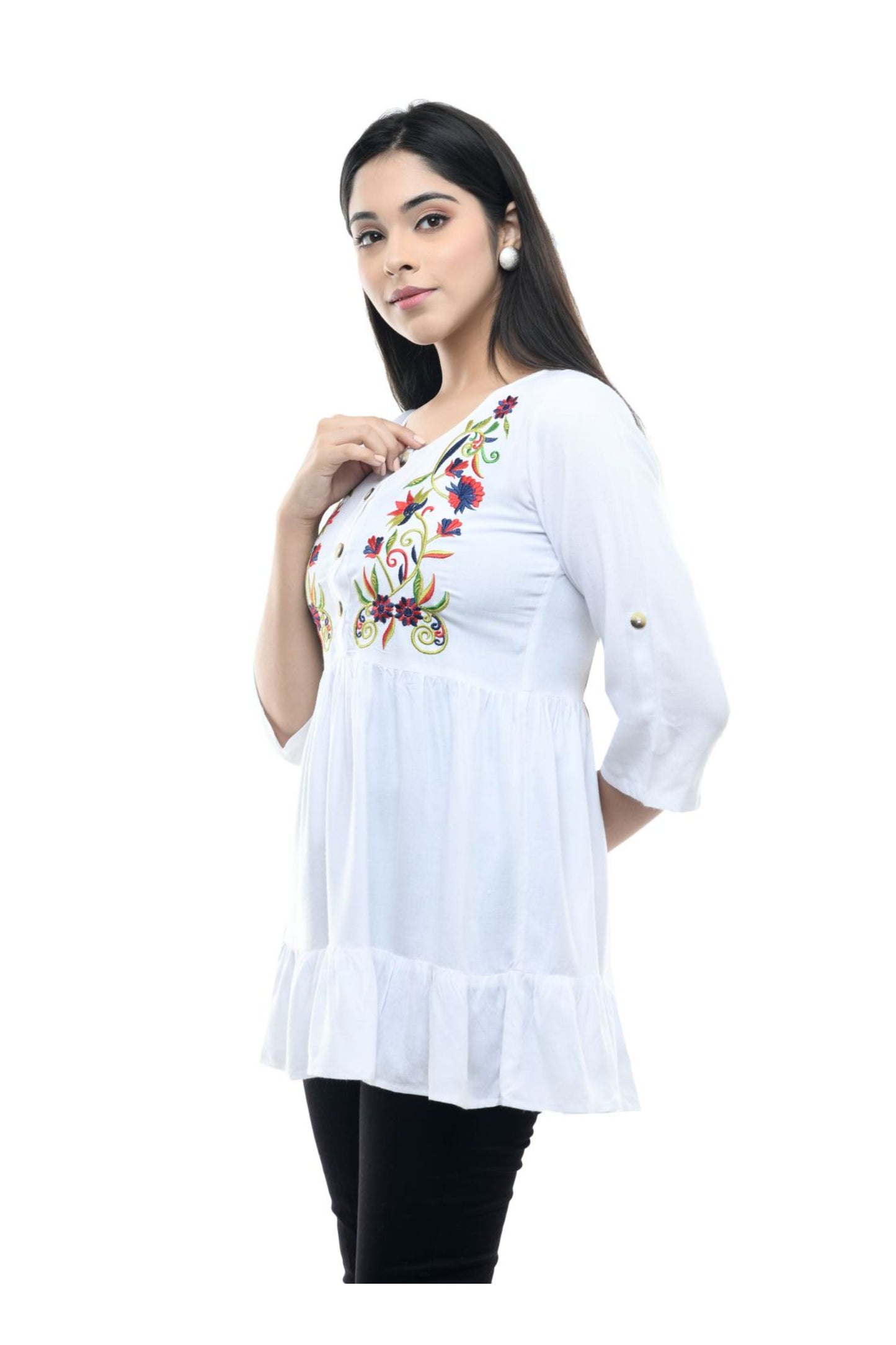 White Multicolor Floral Embroidered Peplum Tunic Top | Vaamii
