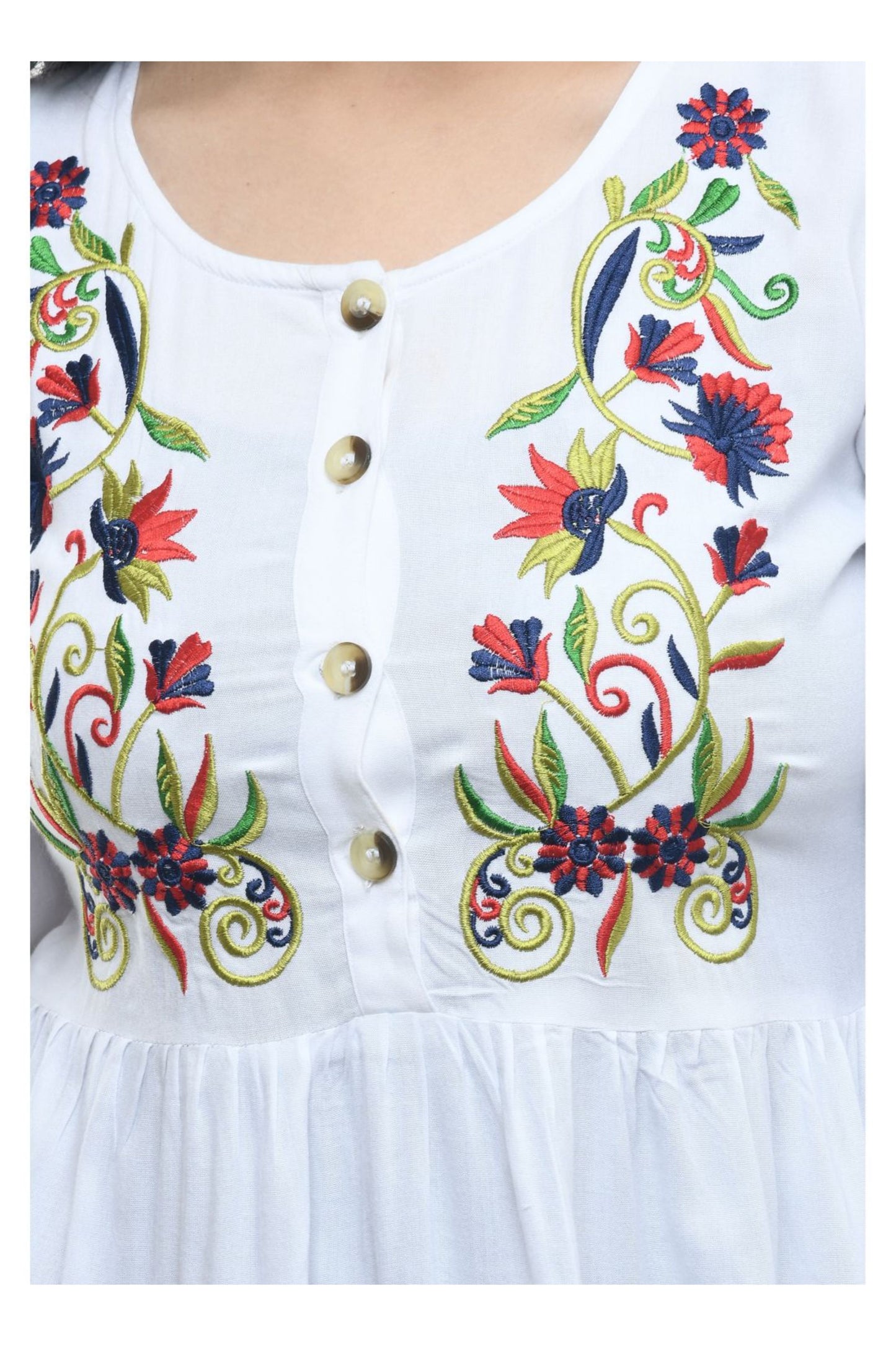 White Multicolor Floral Embroidered Peplum Tunic Top | Vaamii
