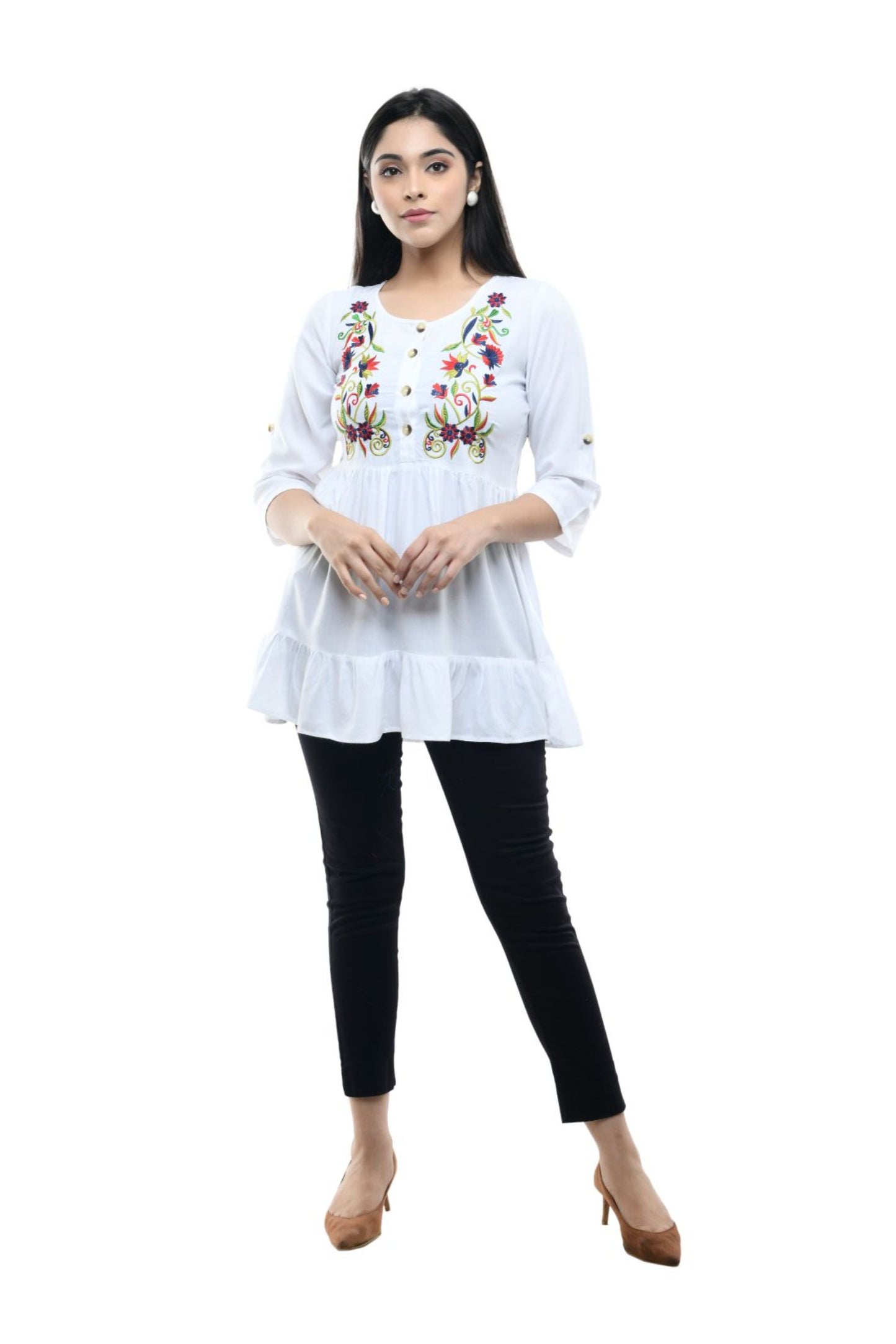 White Multicolor Floral Embroidered Peplum Tunic Top | Vaamii