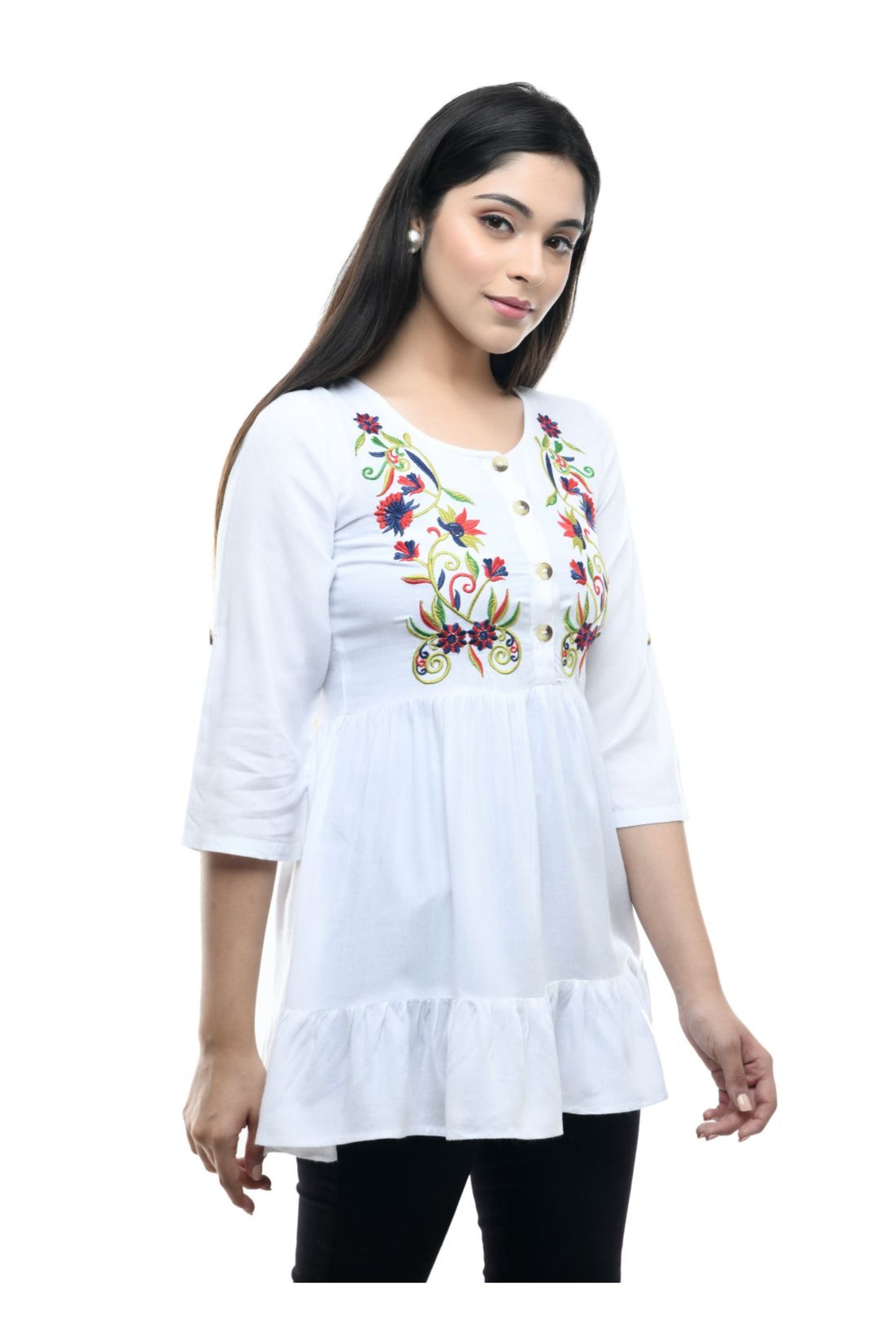 White Multicolor Floral Embroidered Peplum Tunic Top | Vaamii