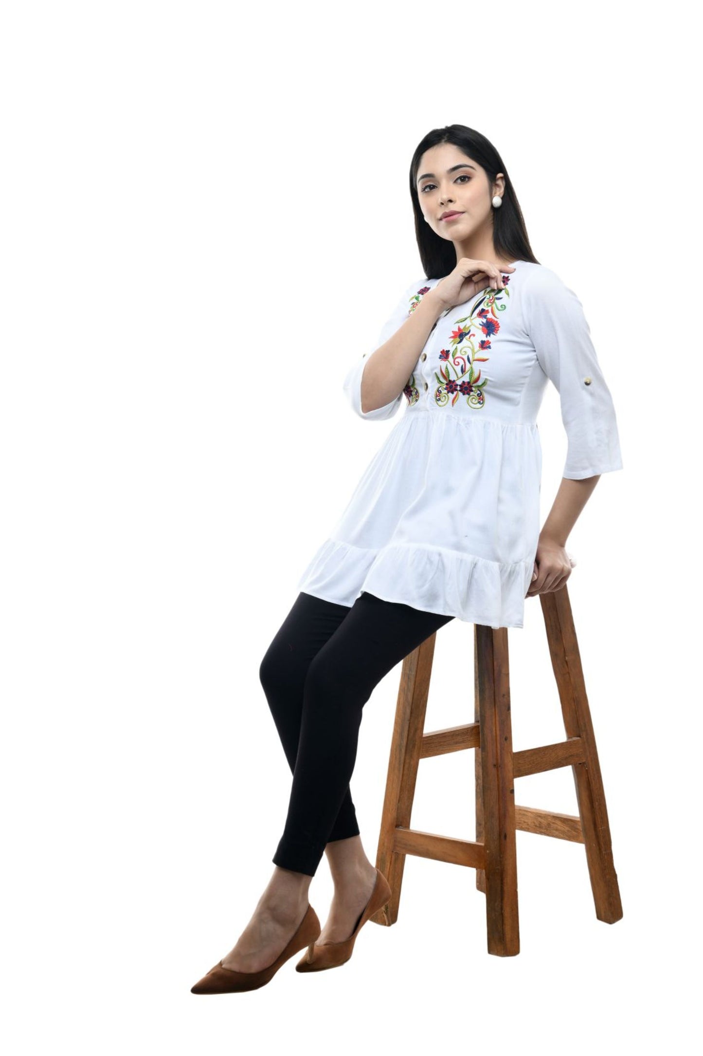 White Multicolor Floral Embroidered Peplum Tunic Top | Vaamii