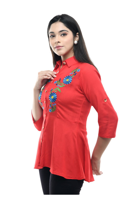 Red Floral Embroidered Peplum Shirt Top | Vaamii