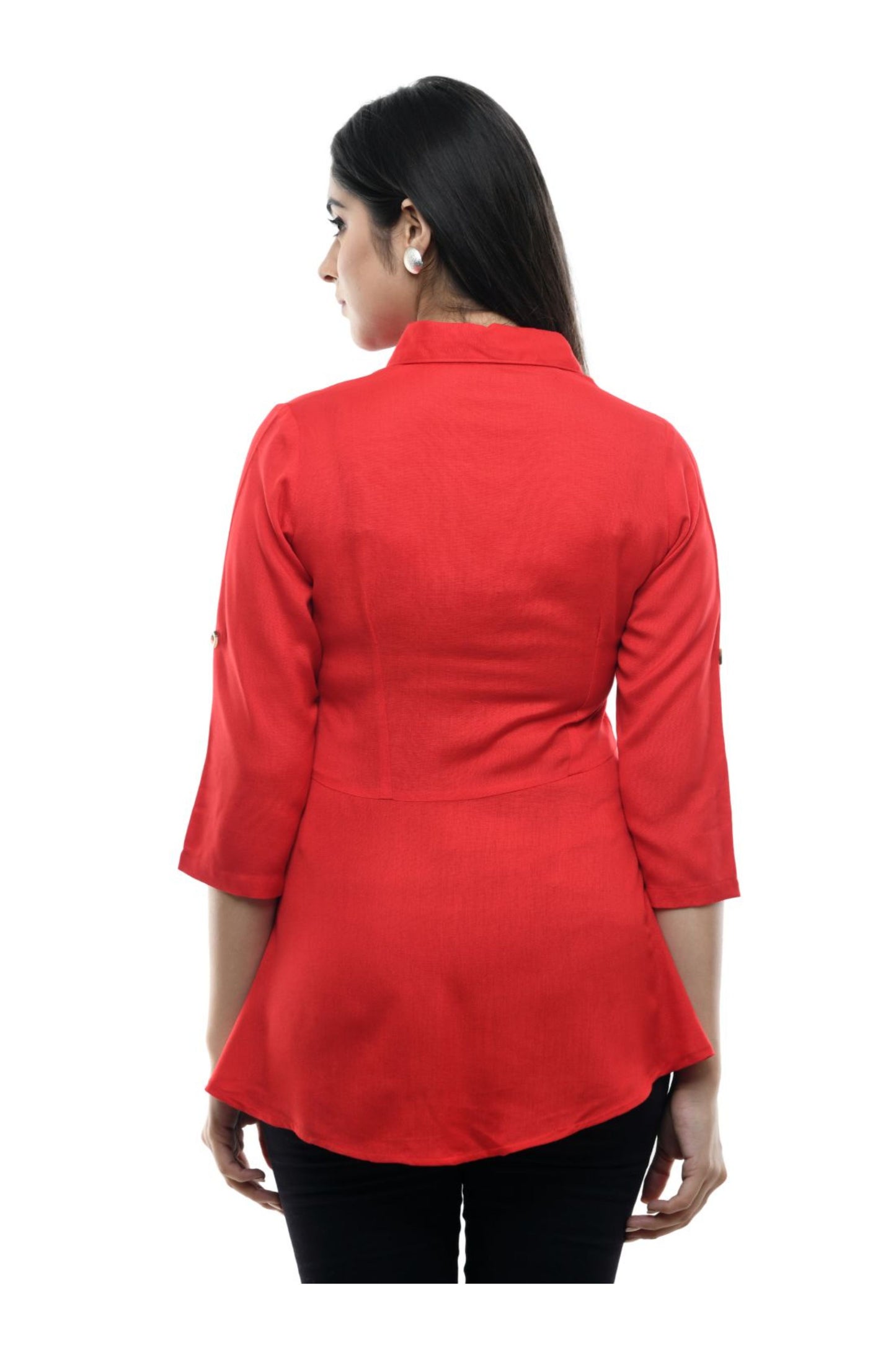 Red Floral Embroidered Peplum Shirt Top | Vaamii
