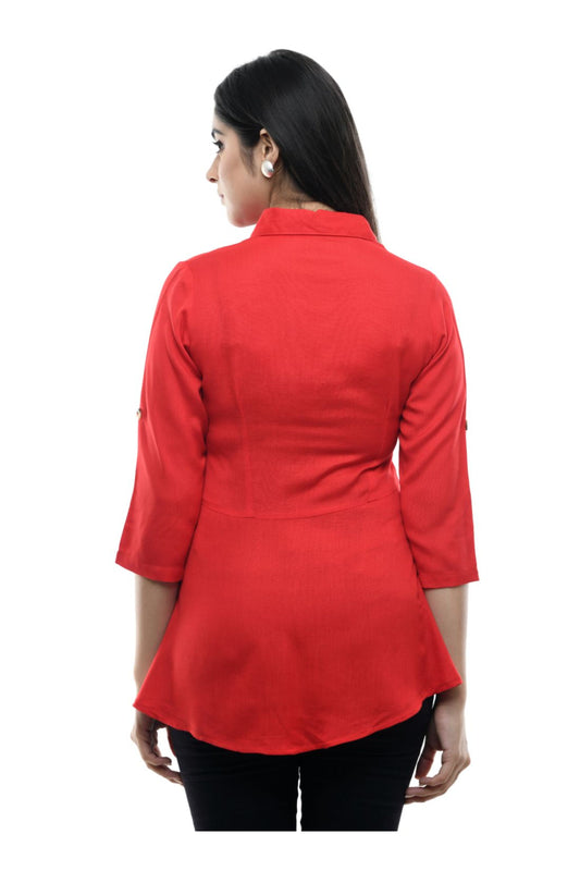 Red Floral Embroidered Peplum Shirt Top | Vaamii