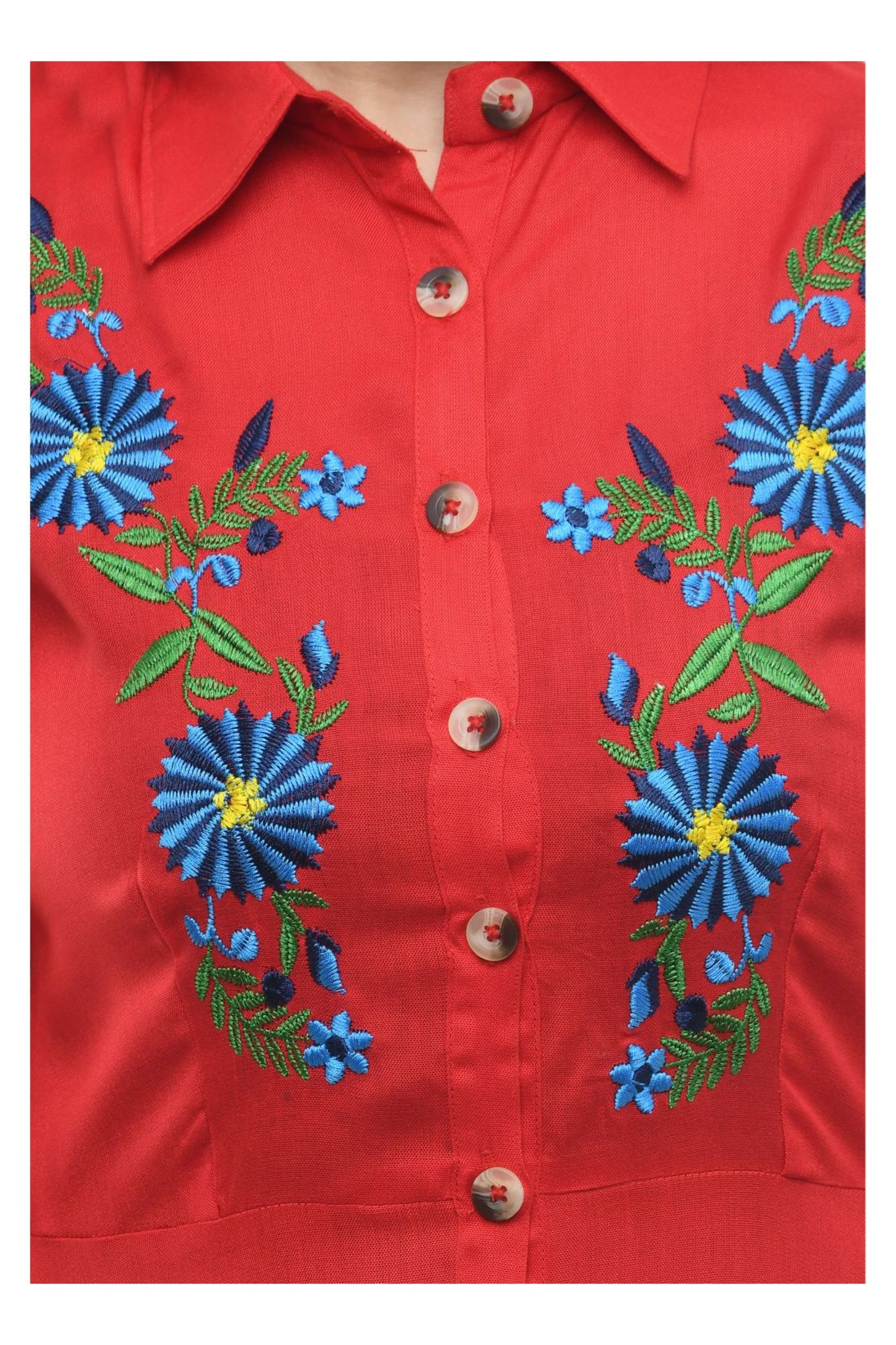 Red Floral Embroidered Peplum Shirt Top | Vaamii