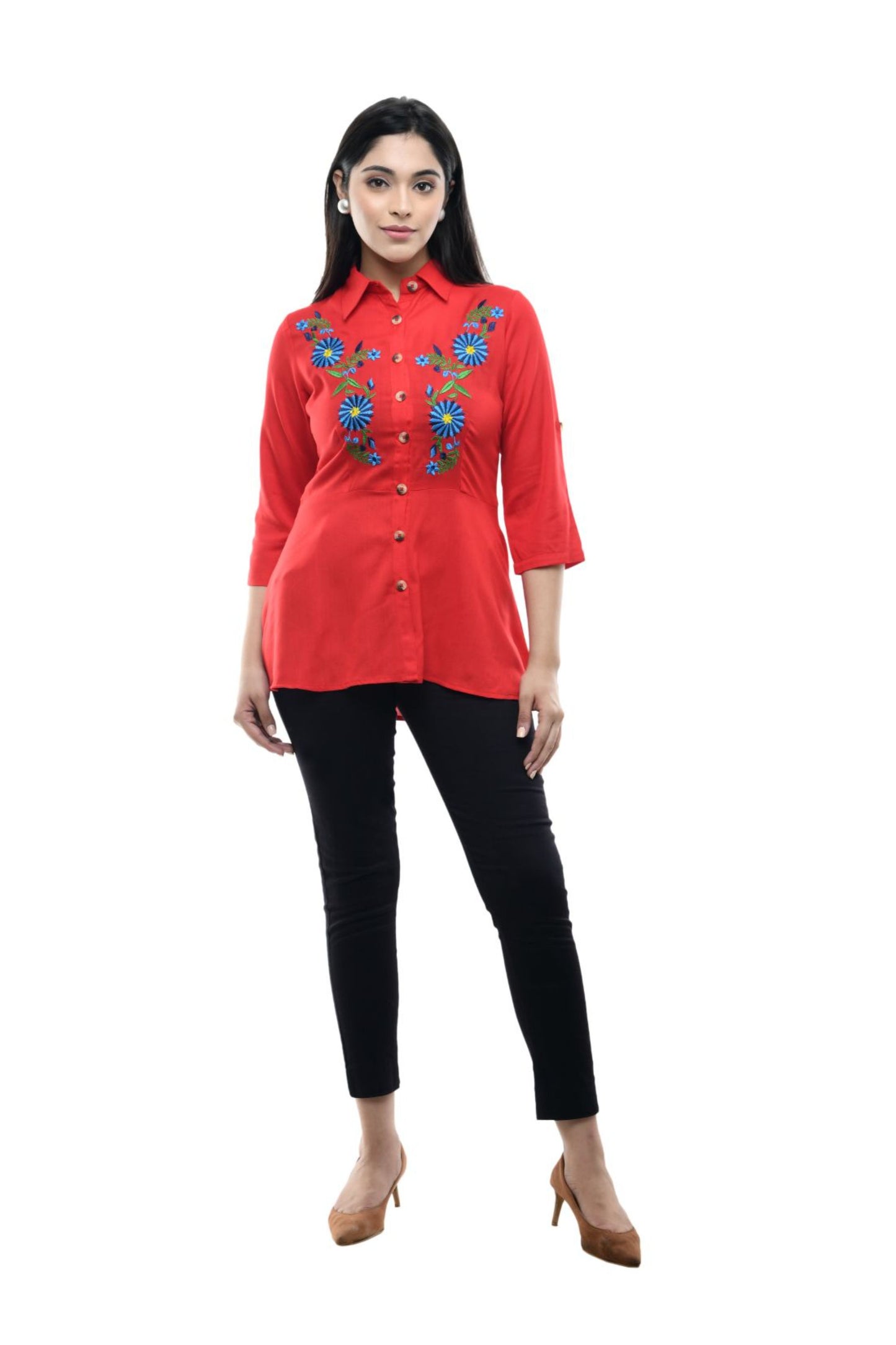 Red Floral Embroidered Peplum Shirt Top | Vaamii