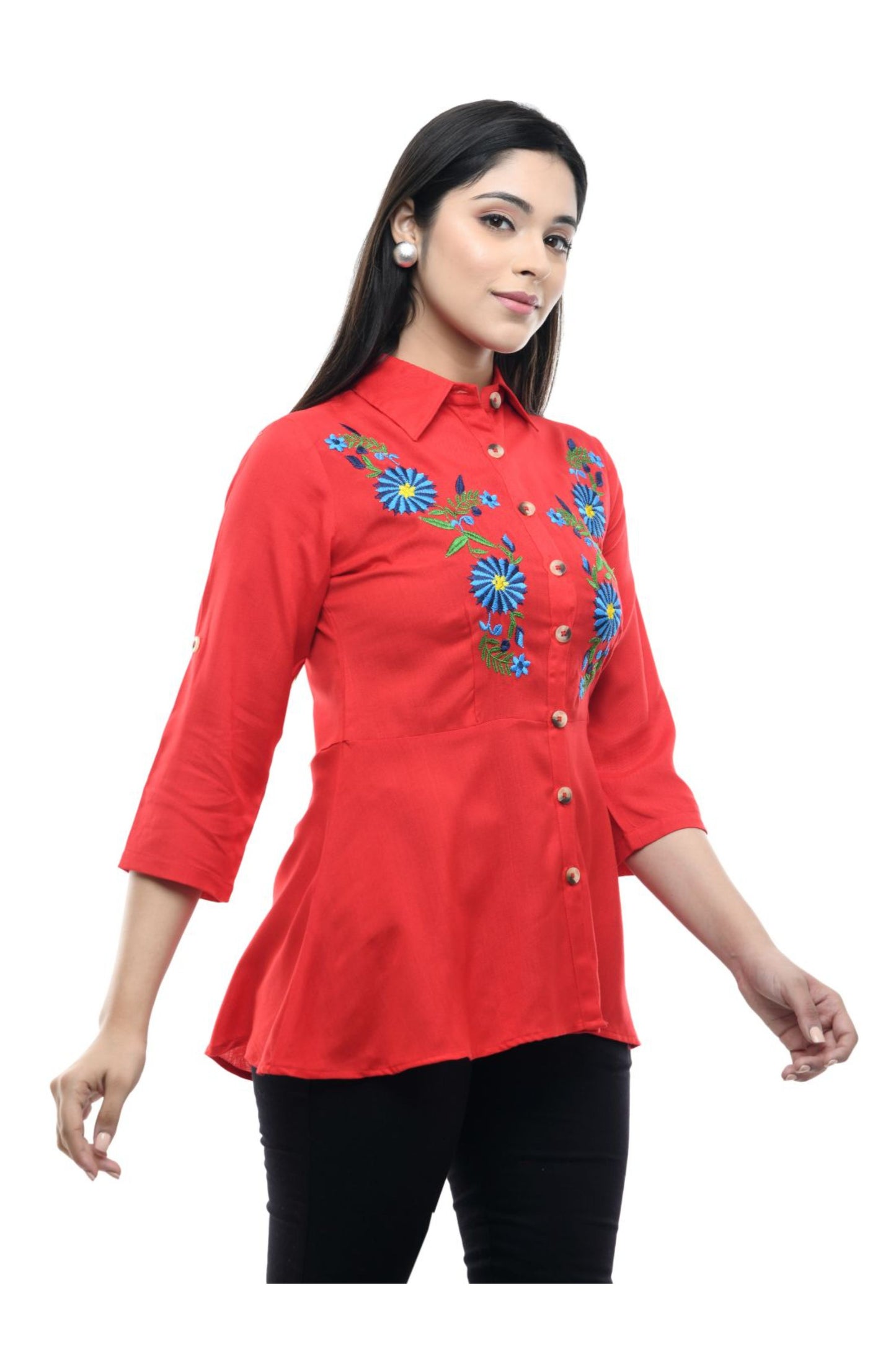 Red Floral Embroidered Peplum Shirt Top | Vaamii