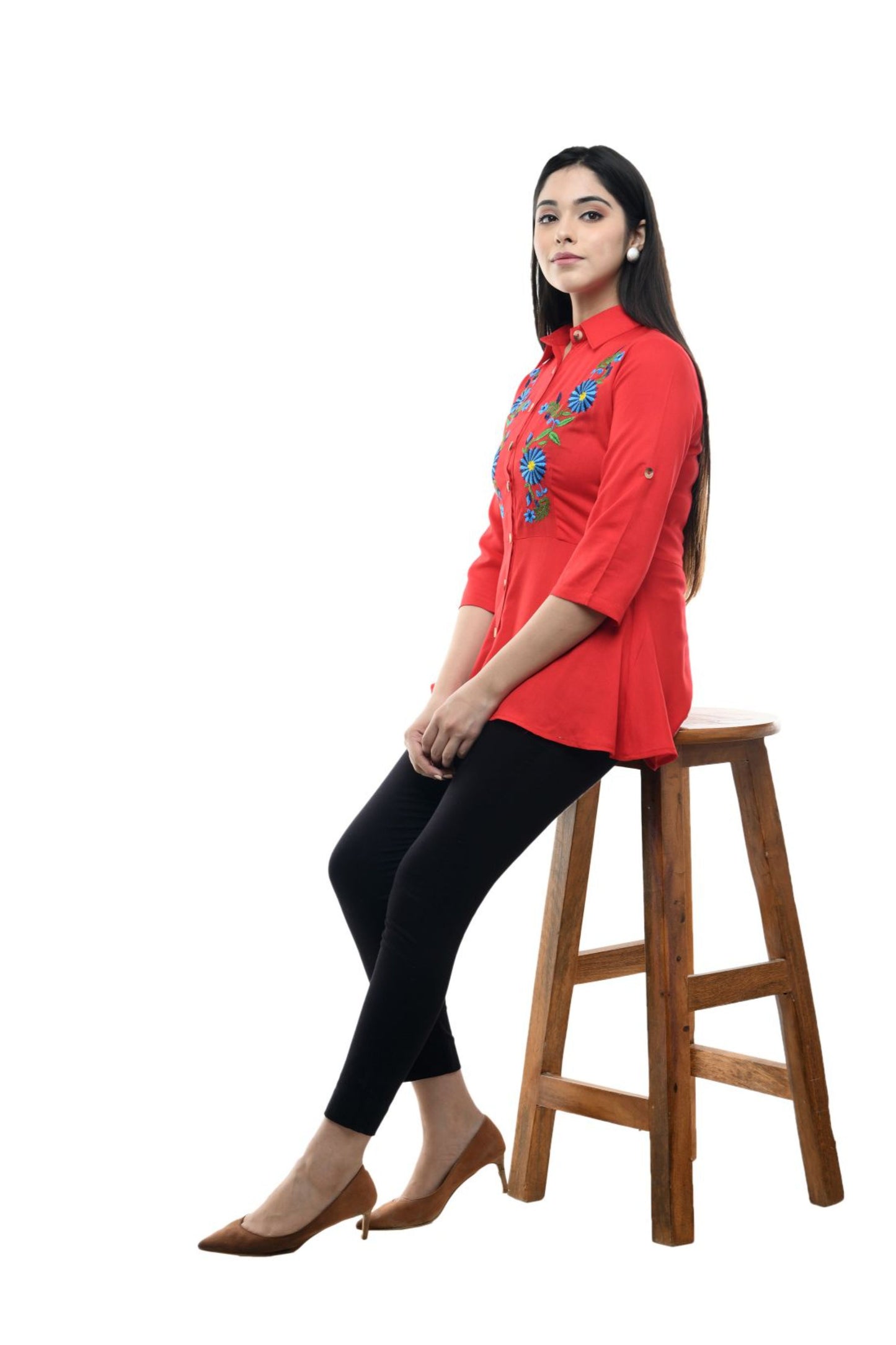 Red Floral Embroidered Peplum Shirt Top | Vaamii