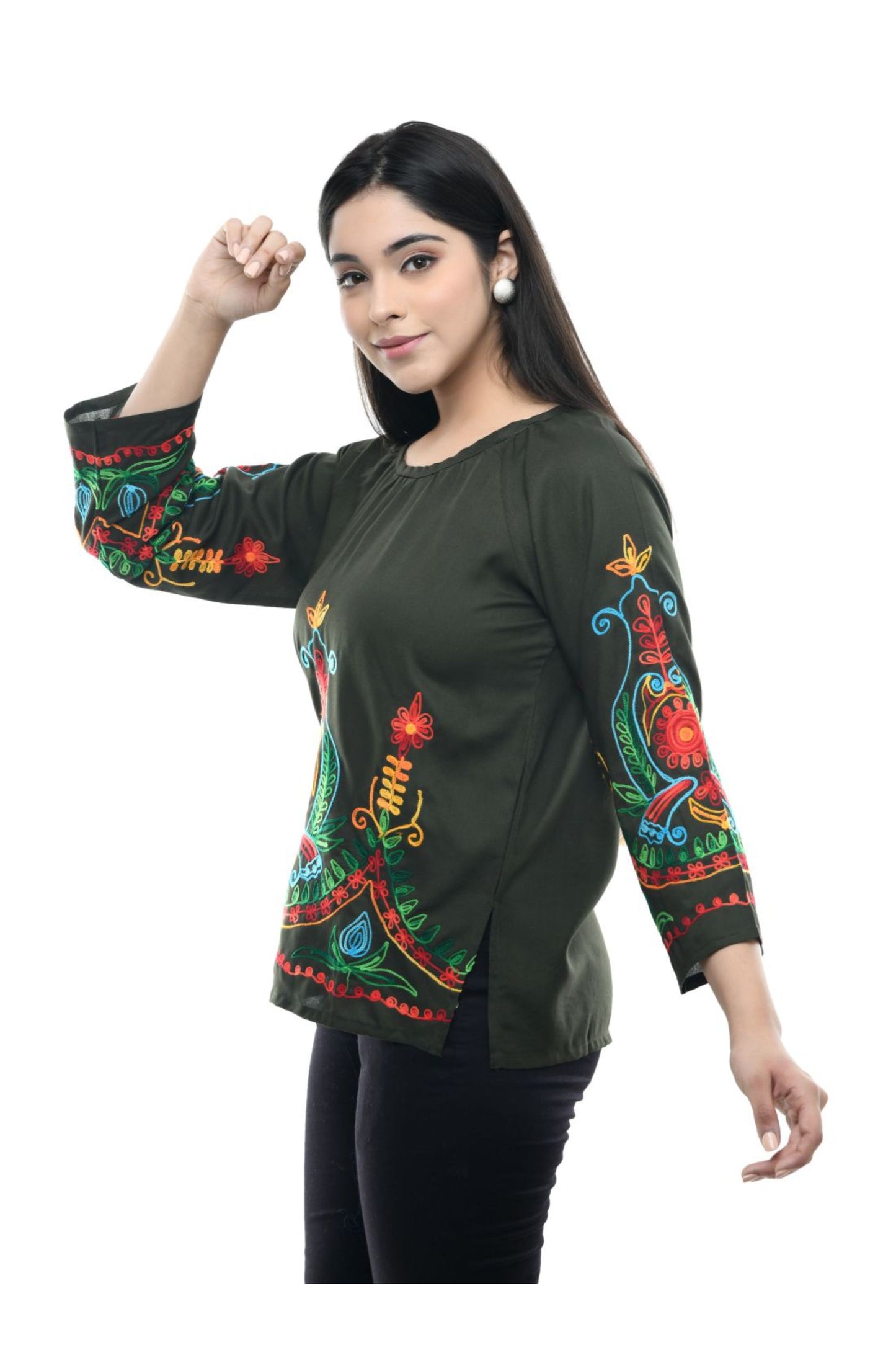 Olive Green Multicolor Boho Embroidered Tunic Top | Vaamii