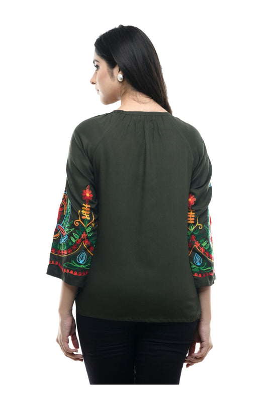 Olive Green Multicolor Boho Embroidered Tunic Top | Vaamii