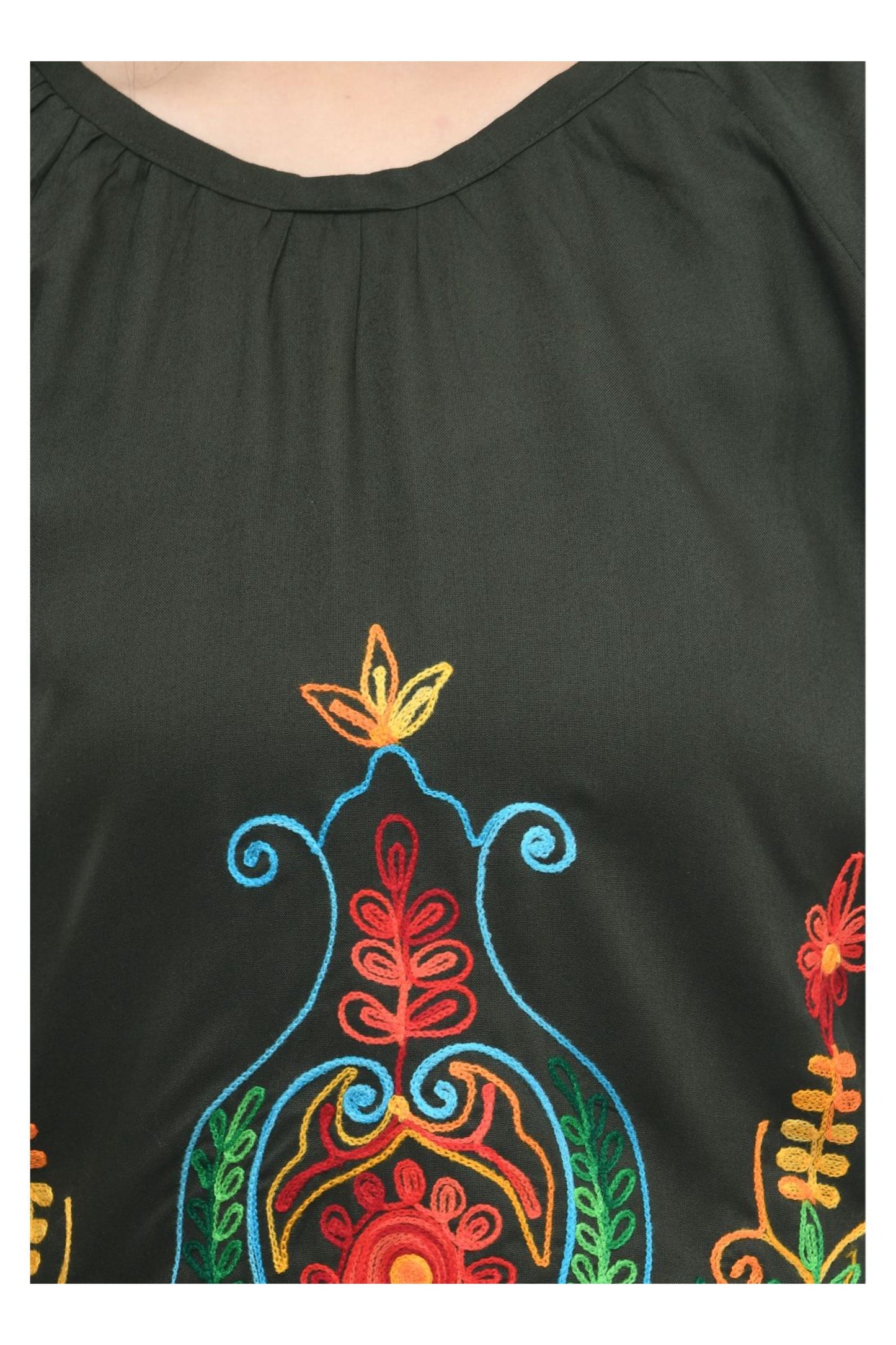 Olive Green Multicolor Boho Embroidered Tunic Top | Vaamii