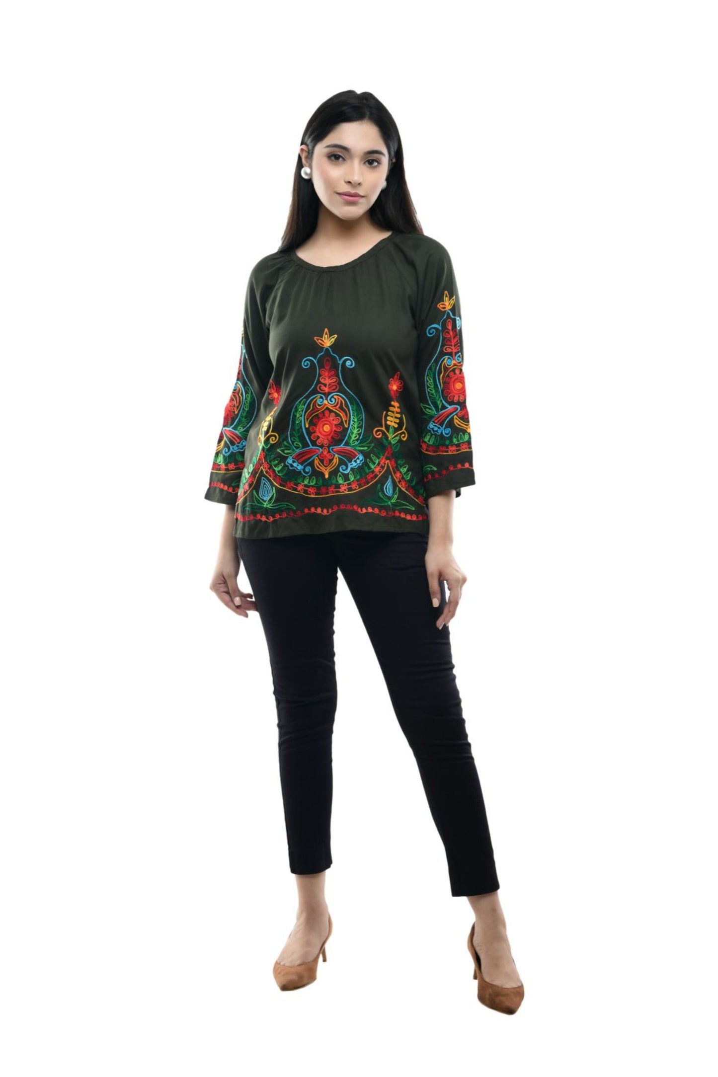 Olive Green Multicolor Boho Embroidered Tunic Top | Vaamii