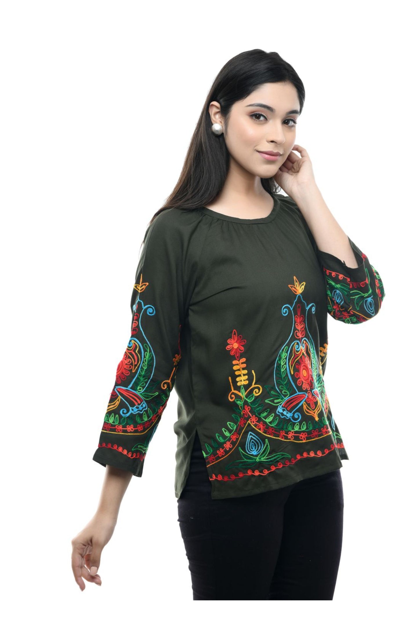 Olive Green Multicolor Boho Embroidered Tunic Top | Vaamii