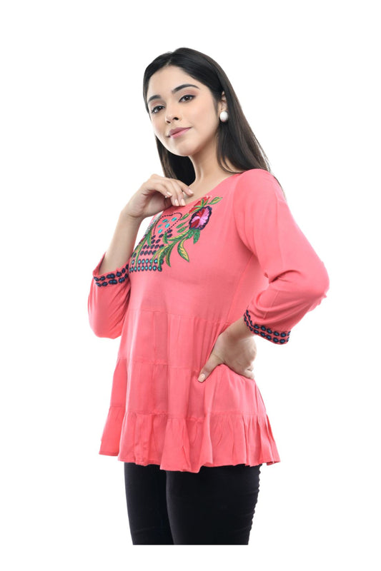 Peach Pink Floral Embroidered Tiered Peplum Top | Vaamii