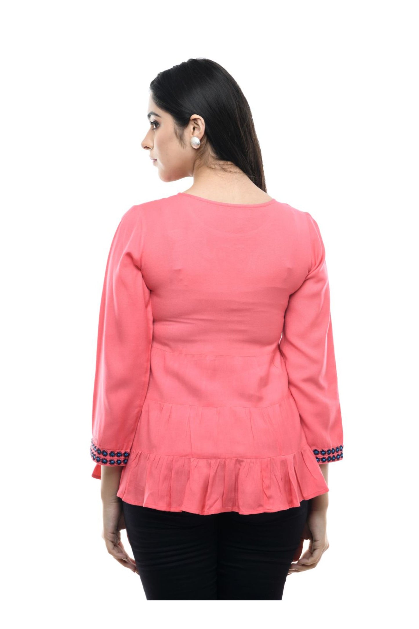 Peach Pink Floral Embroidered Tiered Peplum Top | Vaamii