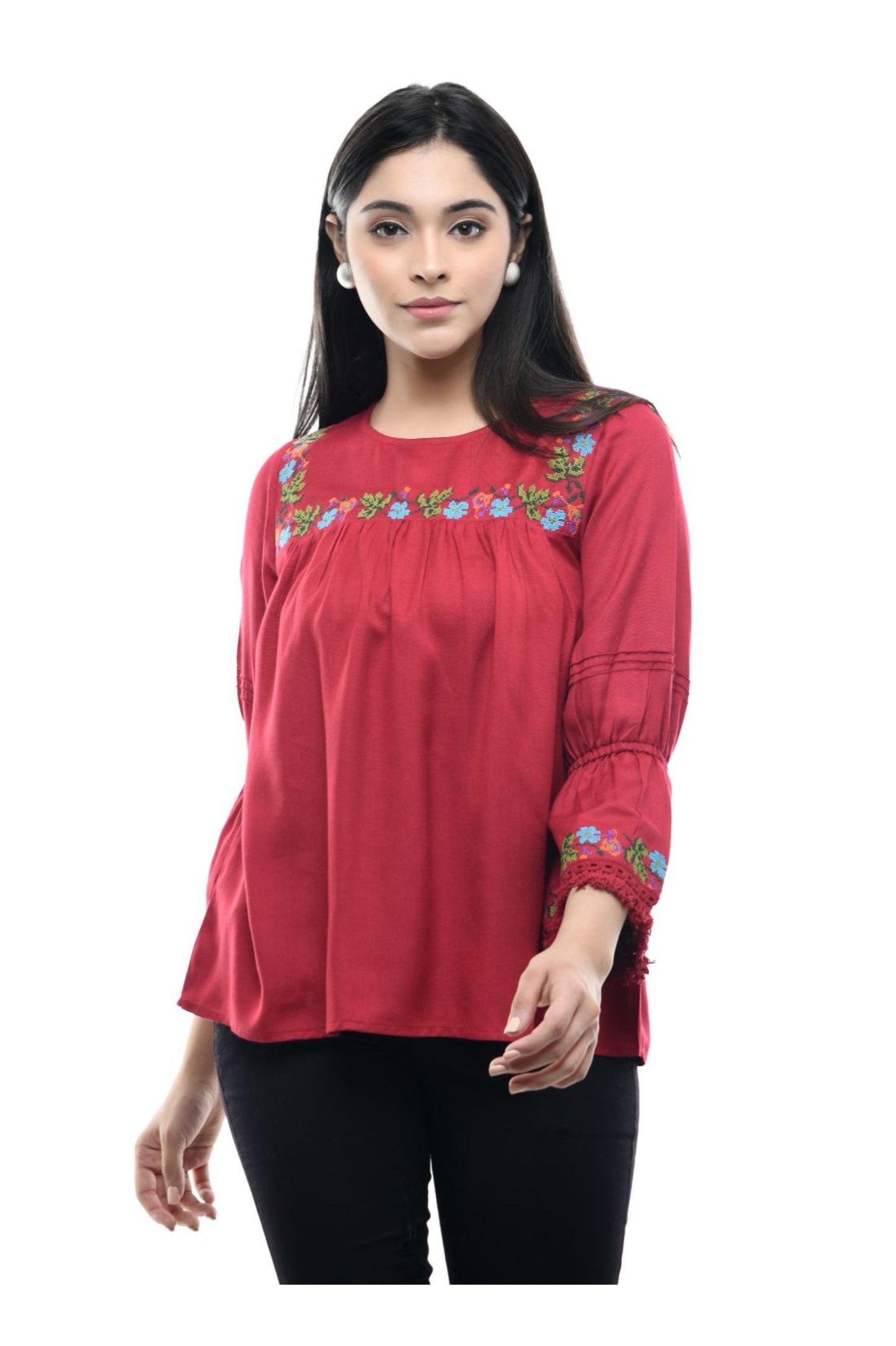 Red Floral Embroidered Flared Sleeve Tunic Top | Vaamii