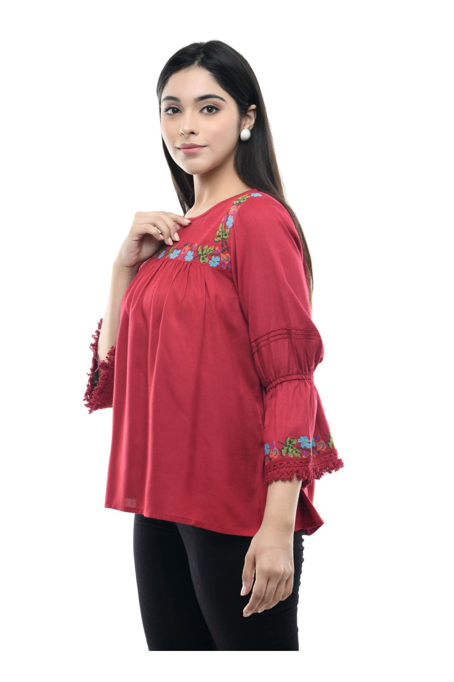 Red Floral Embroidered Flared Sleeve Tunic Top | Vaamii