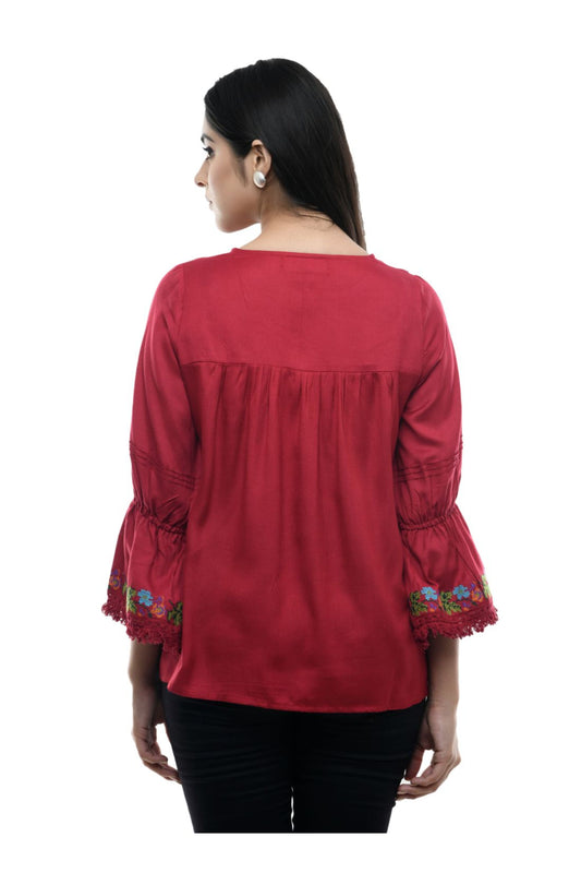 Red Floral Embroidered Flared Sleeve Tunic Top | Vaamii