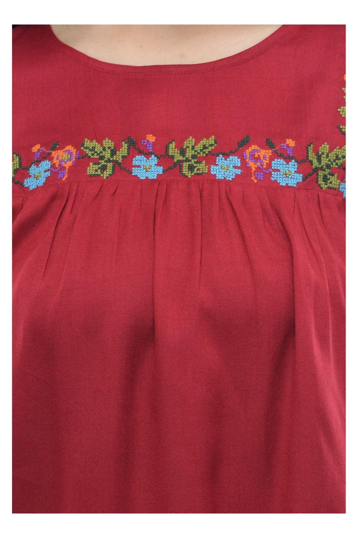 Red Floral Embroidered Flared Sleeve Tunic Top | Vaamii