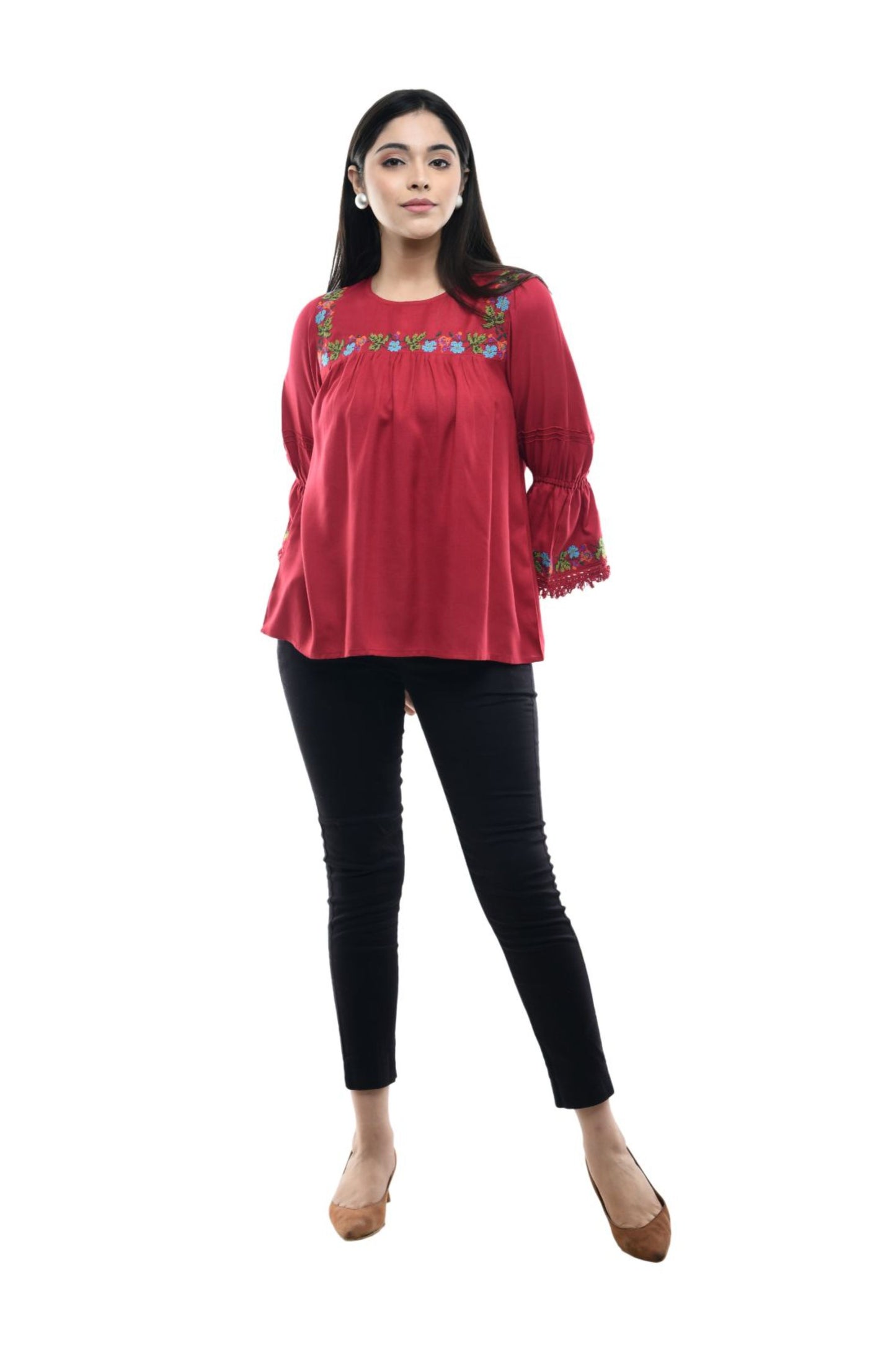 Red Floral Embroidered Flared Sleeve Tunic Top | Vaamii