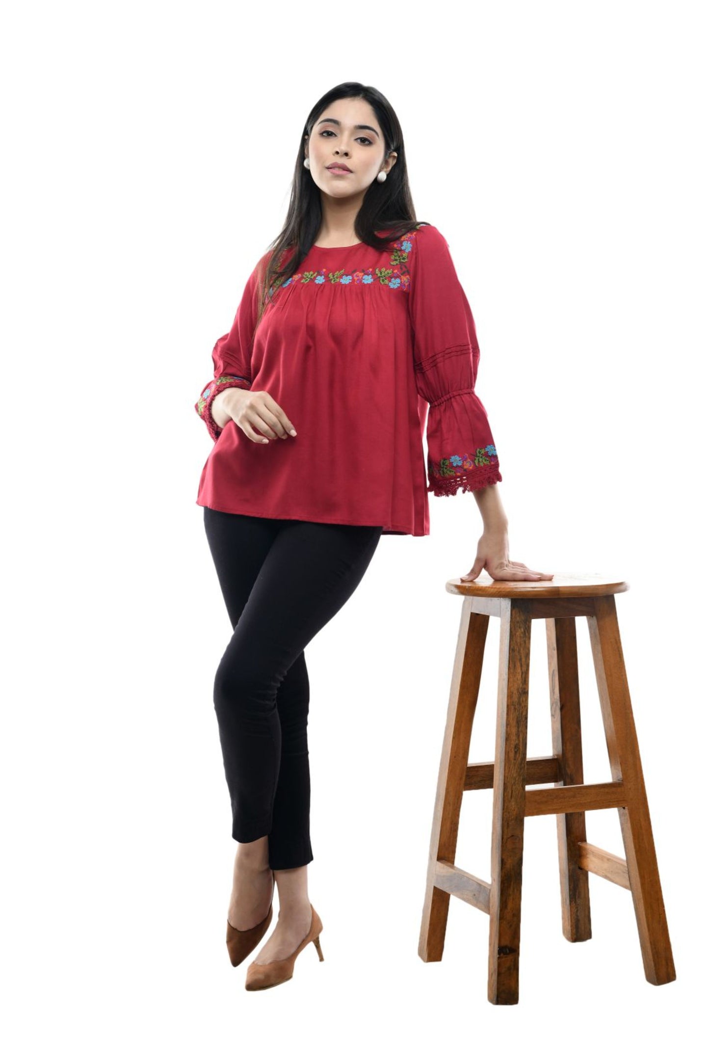 Red Floral Embroidered Flared Sleeve Tunic Top | Vaamii