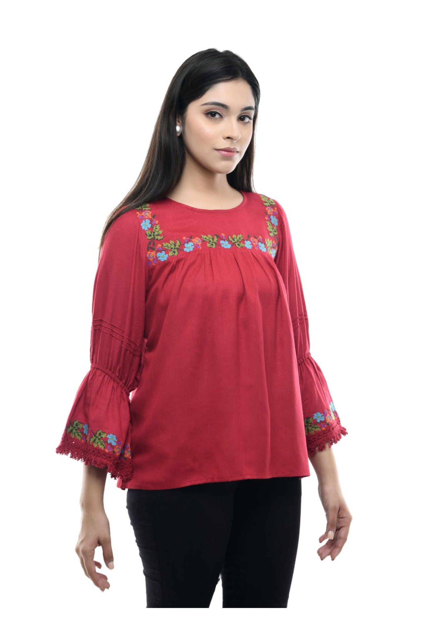 Dark Red Floral Embroidered Flared Top | Vaamii