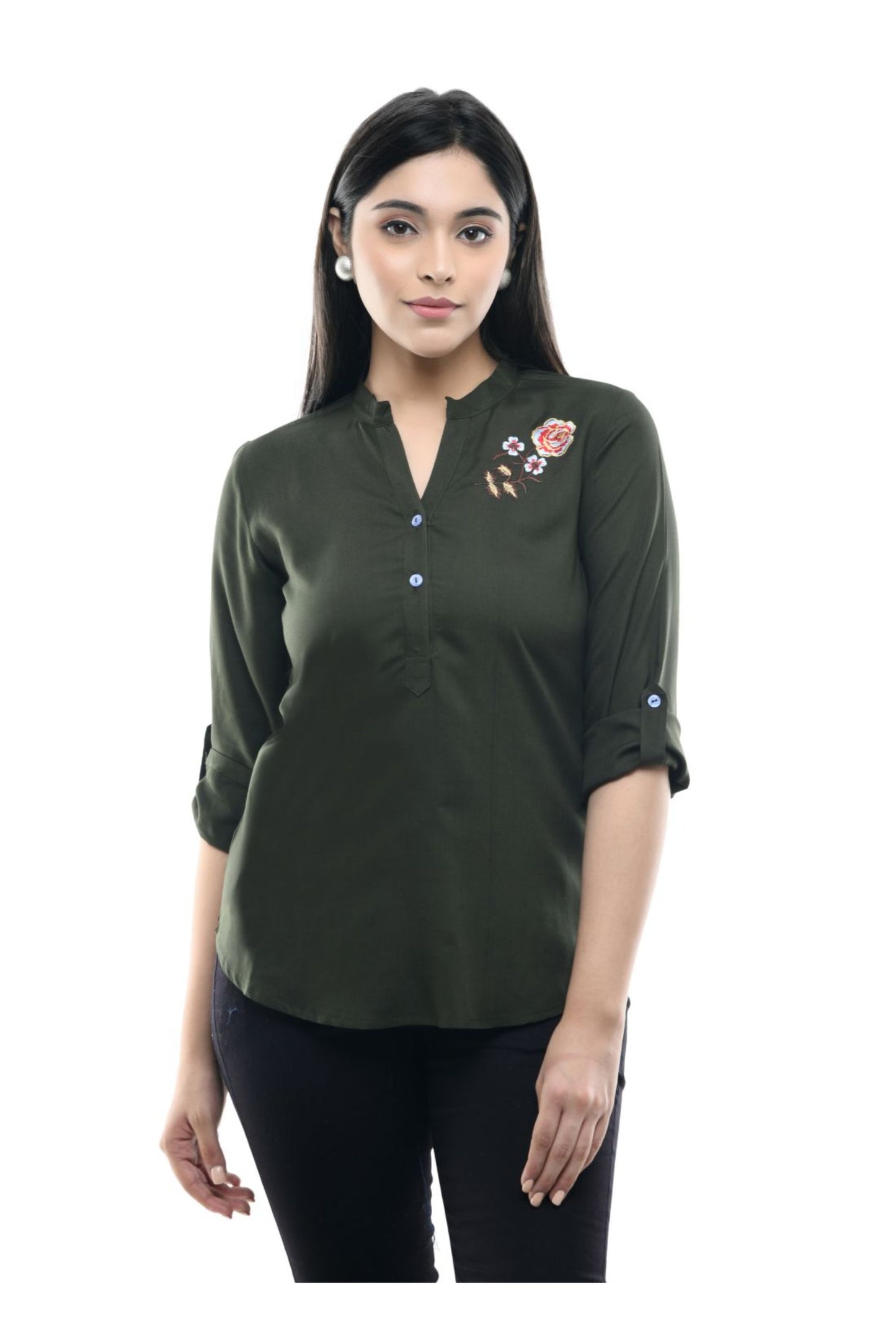 Dark Green Minimal Floral Embroidered Straight Top | Vaamii
