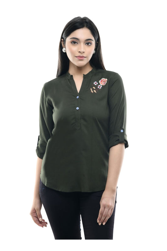 Dark Green Minimal Floral Embroidered Straight Top | Vaamii