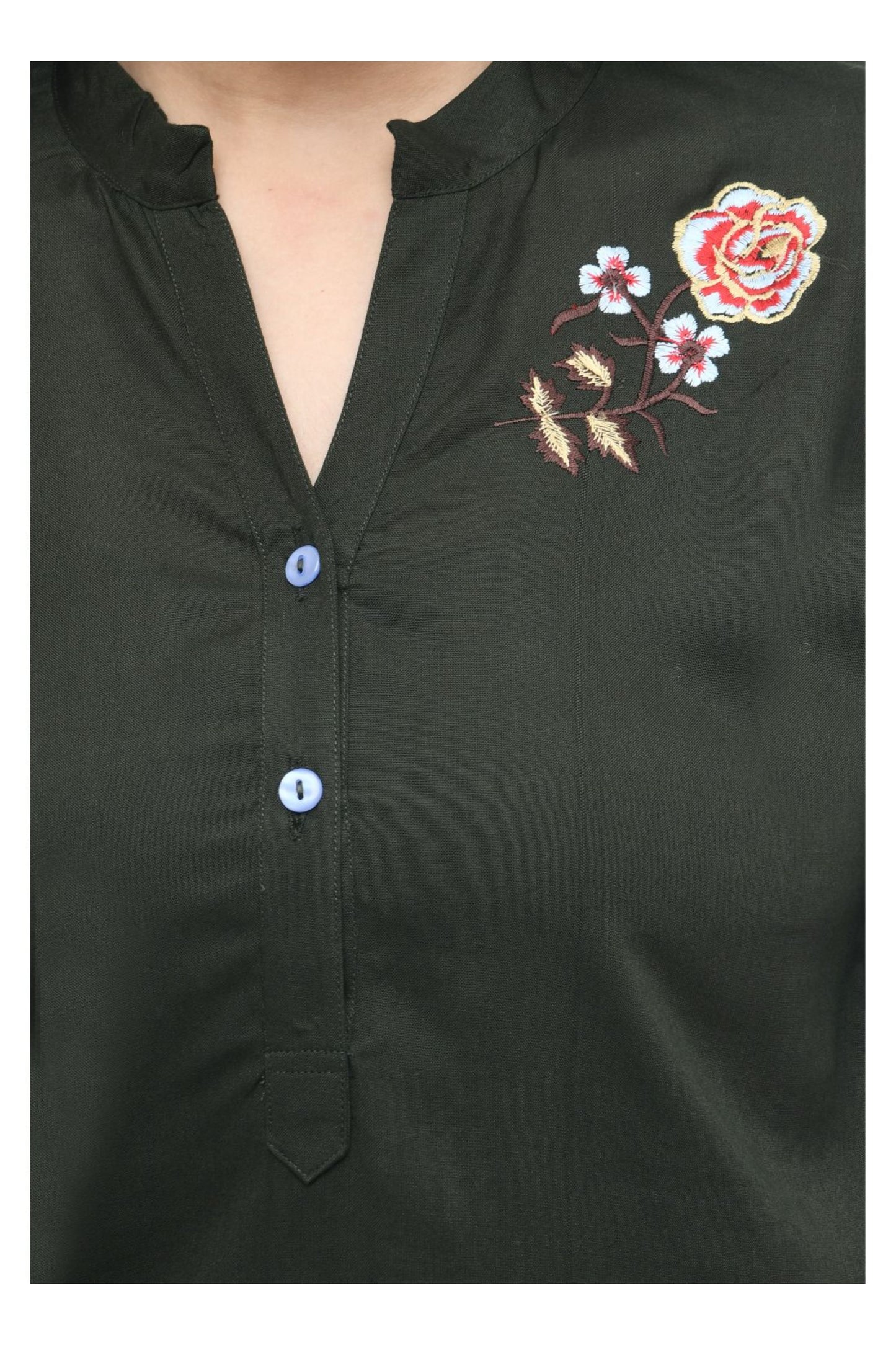 Dark Green Minimal Floral Embroidered Straight Top | Vaamii