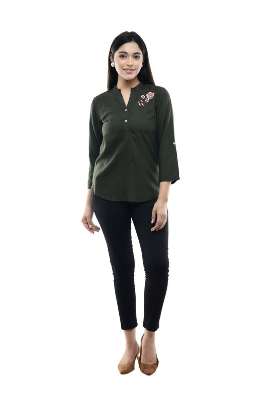 Dark Green Minimal Floral Embroidered Straight Top | Vaamii