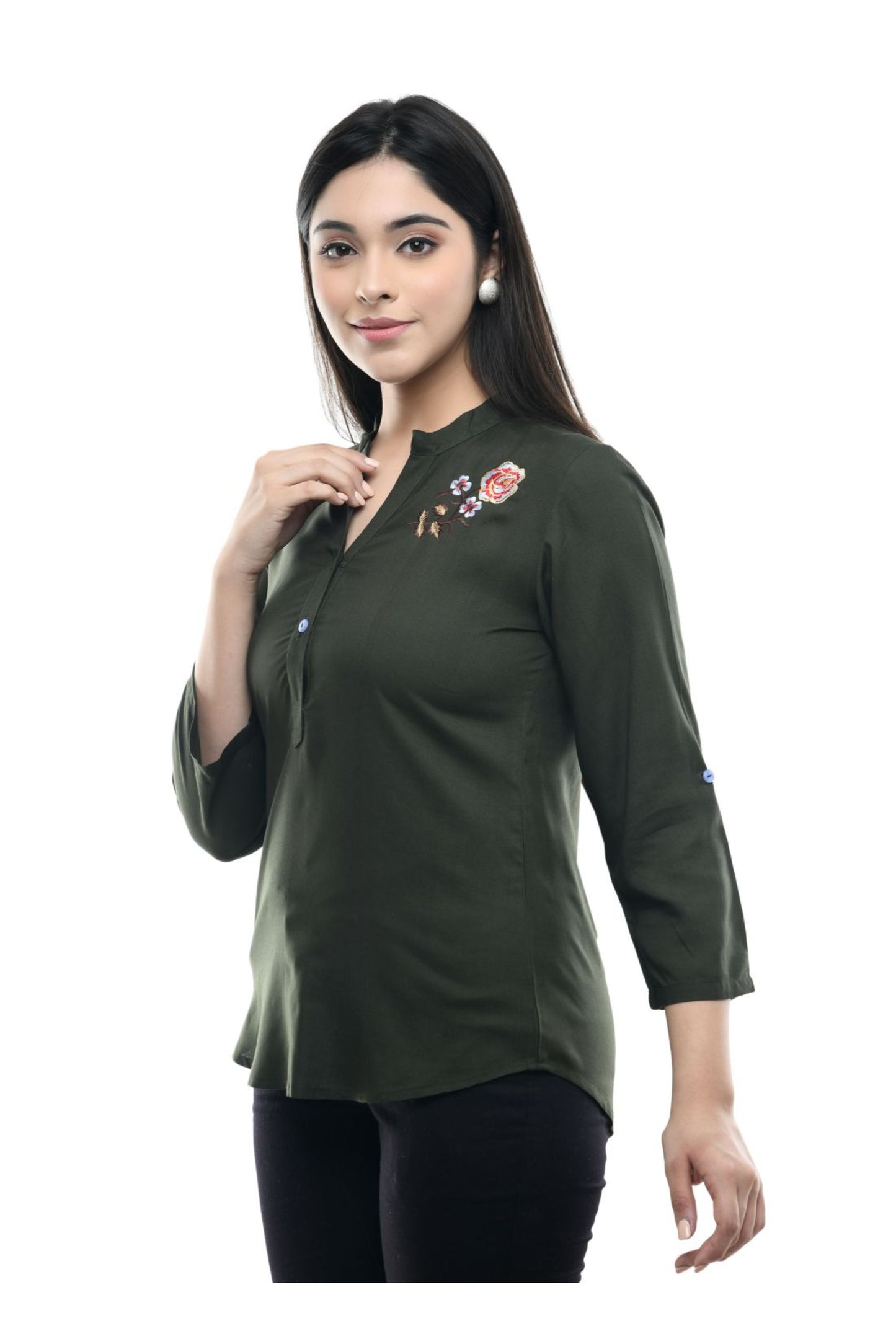 Dark Green Minimal Floral Embroidered Straight Top | Vaamii