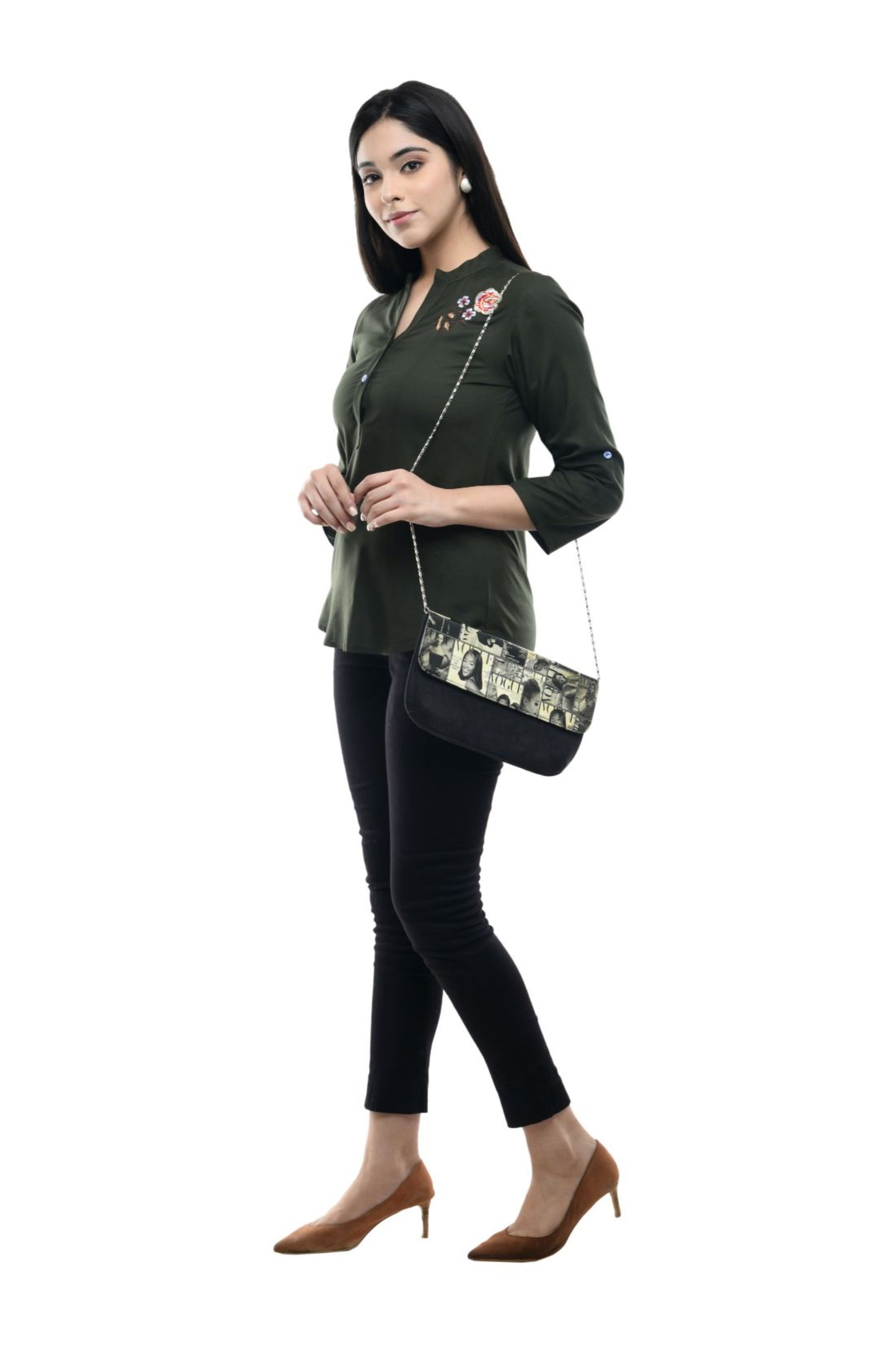 Dark Green Minimal Floral Embroidered Straight Top | Vaamii