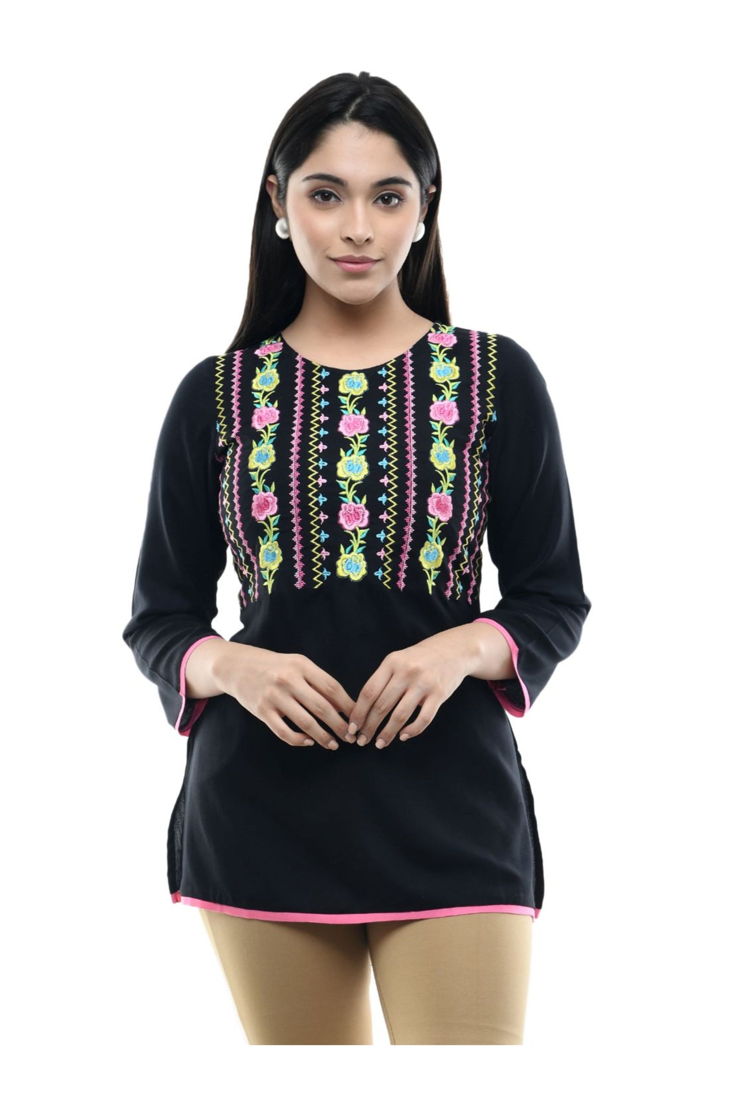 Black Floral Panel Embroidered Straight Top | Vaamii
