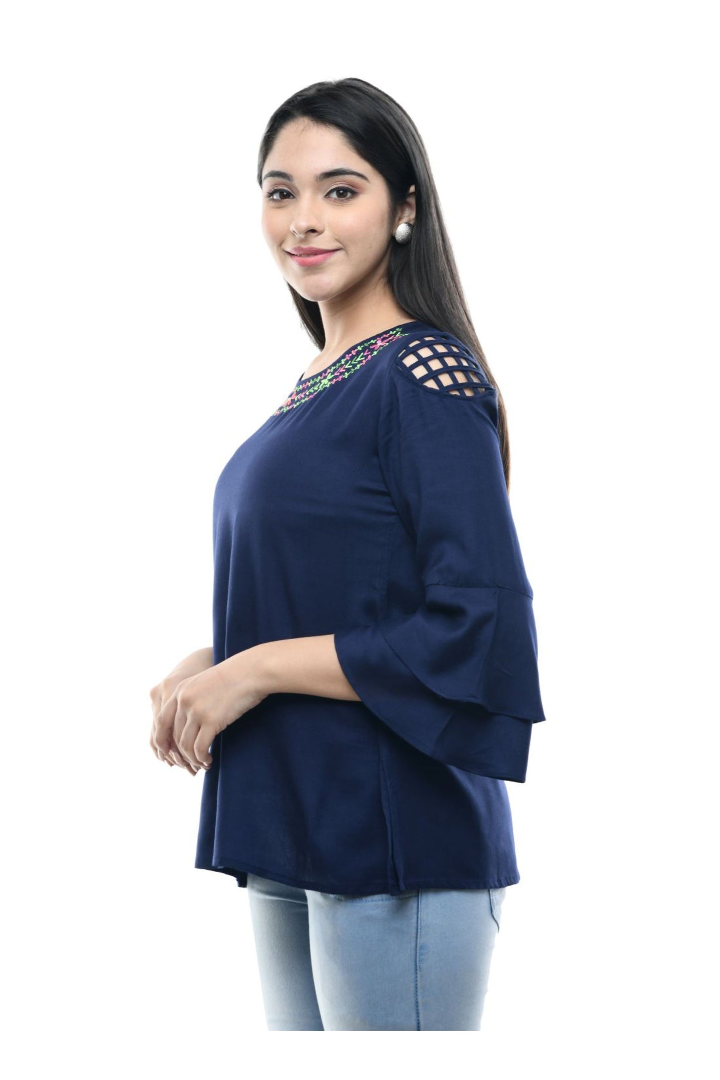 Navy Blue Embroidered Neck Flared Sleeve Top | Vaamii
