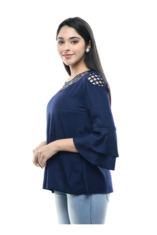 Navy Blue Embroidered Neck Flared Sleeve Top | Vaamii