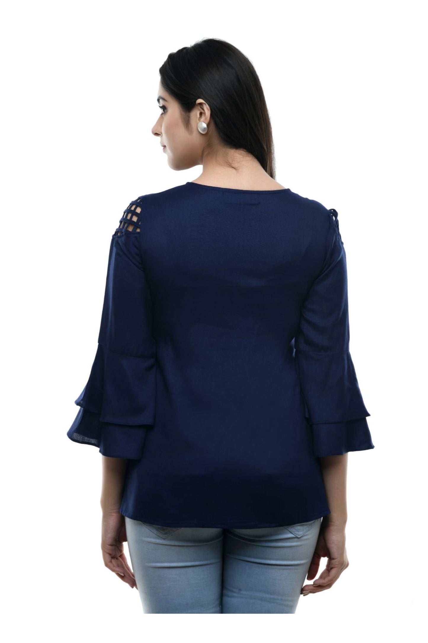 Navy Blue Embroidered Neck Flared Sleeve Top | Vaamii