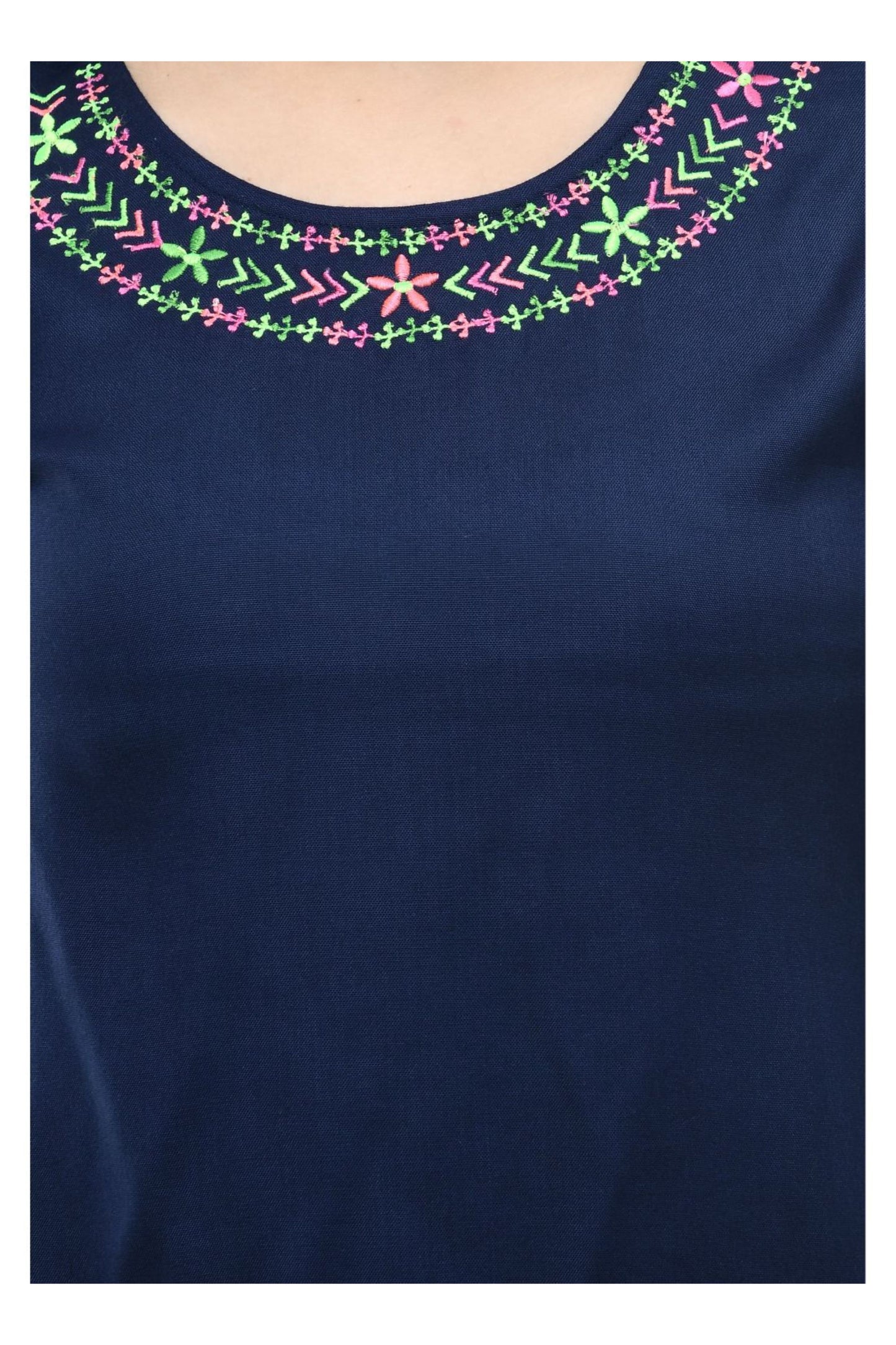 Navy Blue Embroidered Neck Flared Sleeve Top | Vaamii