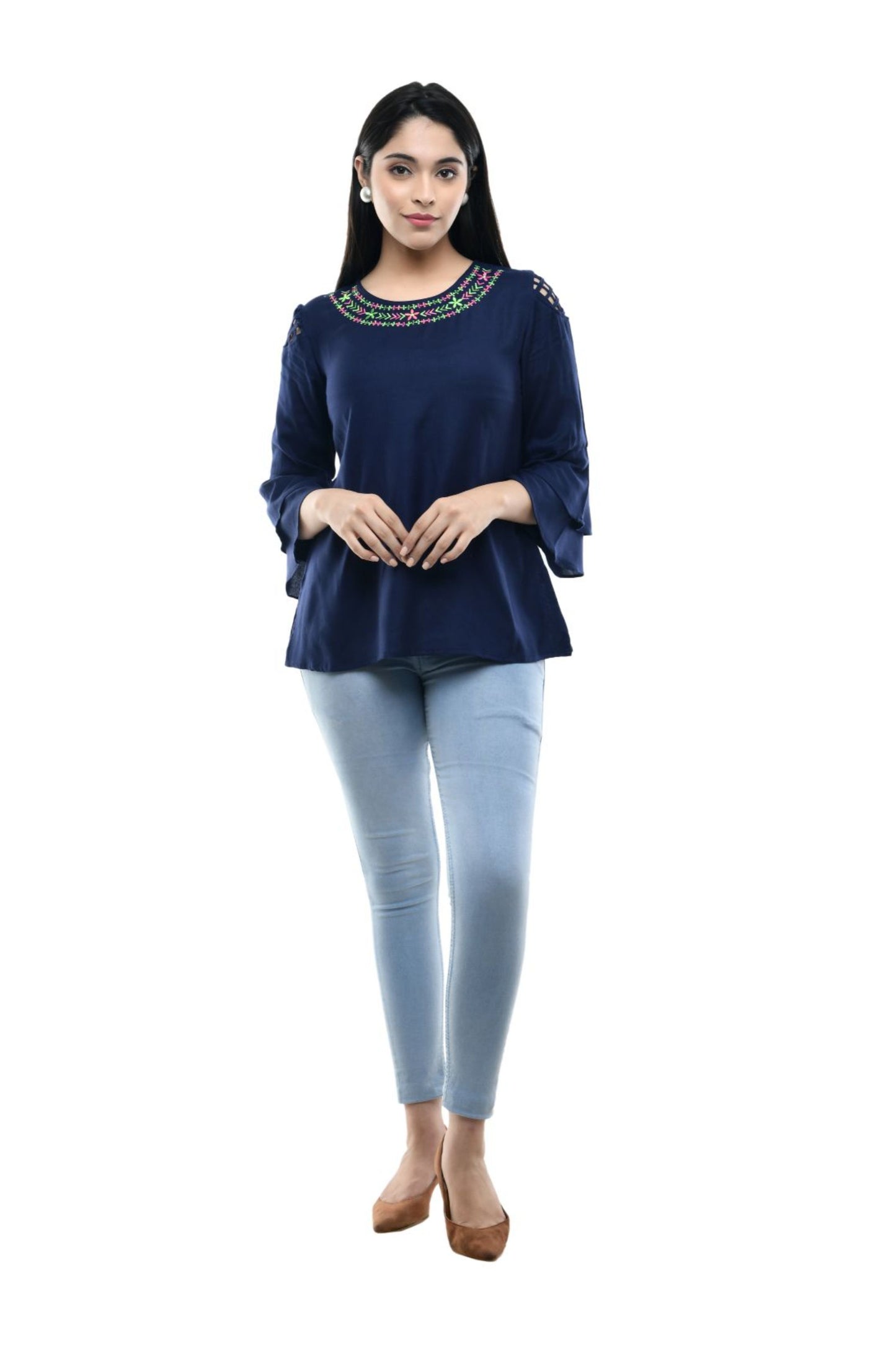 Navy Blue Embroidered Neck Flared Sleeve Top | Vaamii