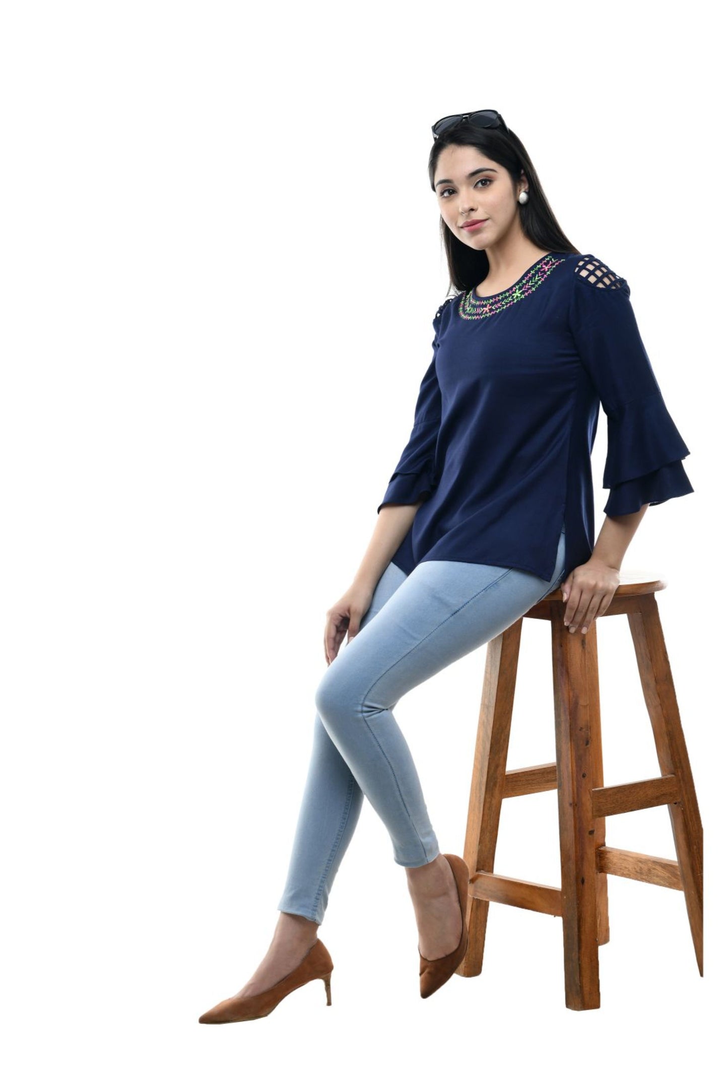 Navy Blue Embroidered Neck Flared Sleeve Top | Vaamii